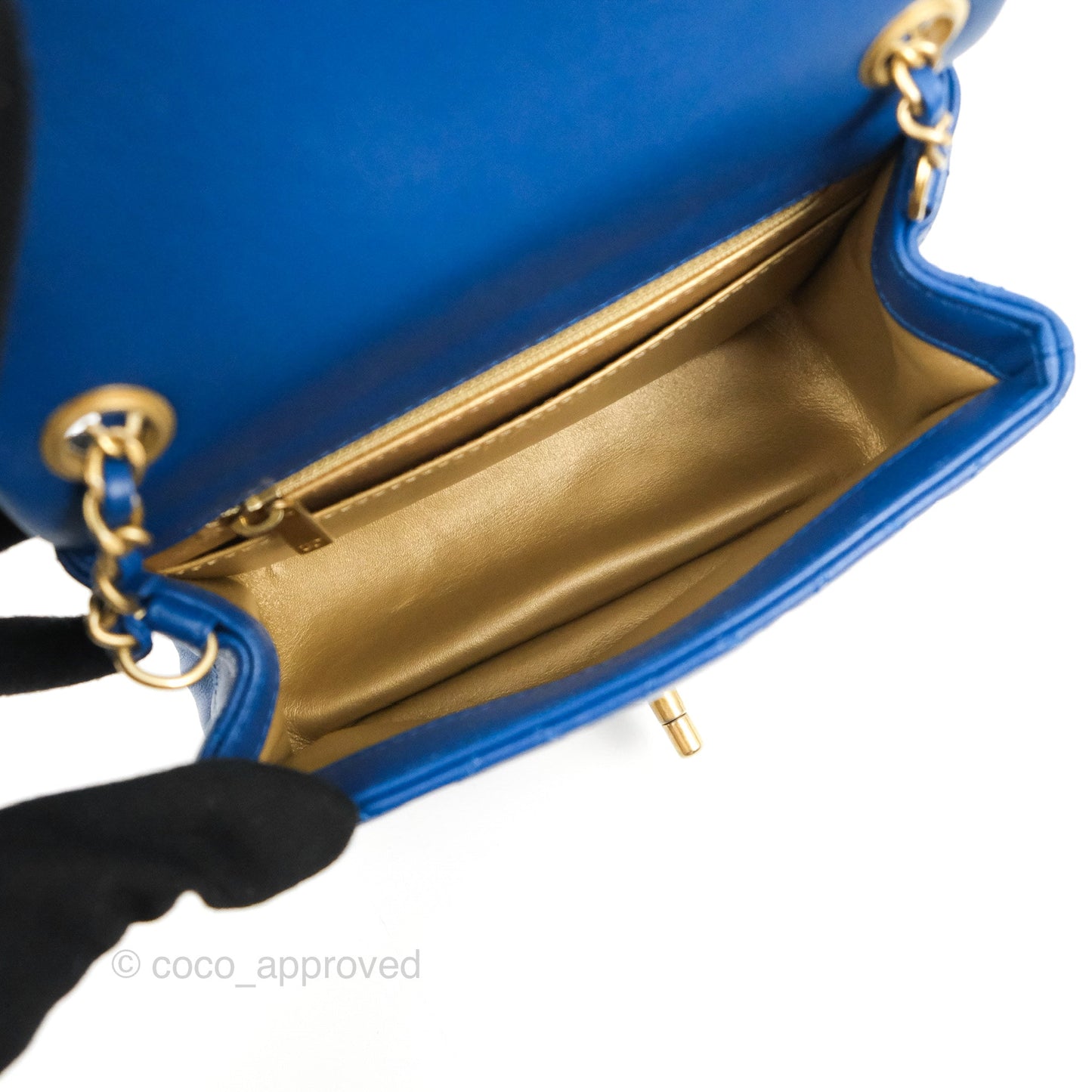 Chanel Mini Square Pearl Crush Quilted Blue Lambskin Aged Gold Hardware
