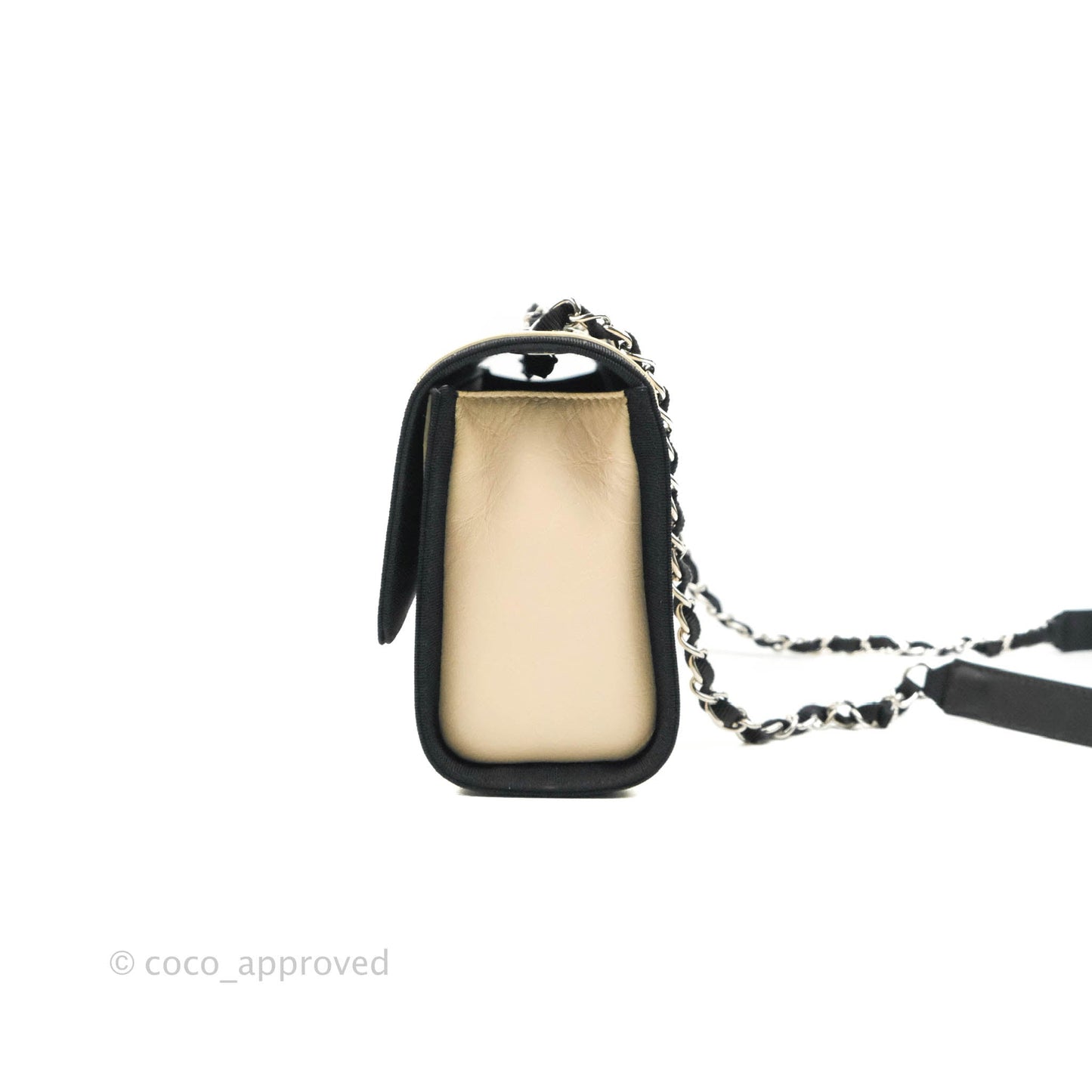 Chanel Flat Quilted Flap Bag Light Beige Grosgrain Ribbon Crumpled Calfskin Silver Hardware 18S