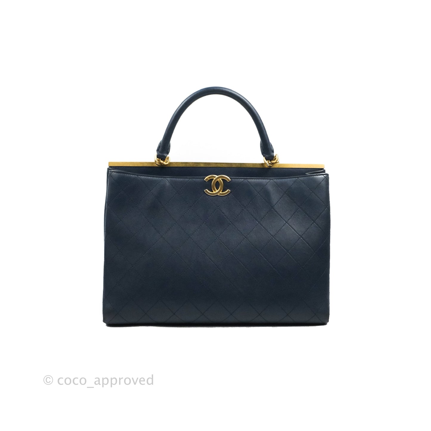 Chanel Flat Quilted Coco Luxe Large Shopping Bag Navy Aged Gold Hardware 18P