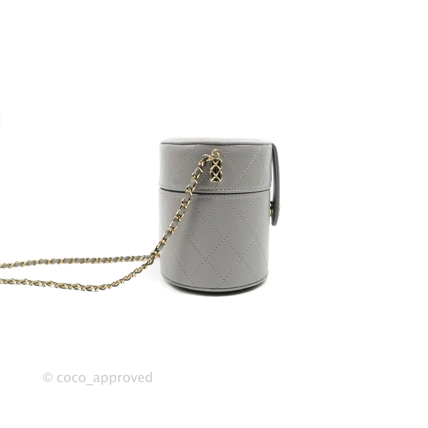 Chanel Quilted Round Vanity Clutch With Chain Grey Lambskin Gold Hardware