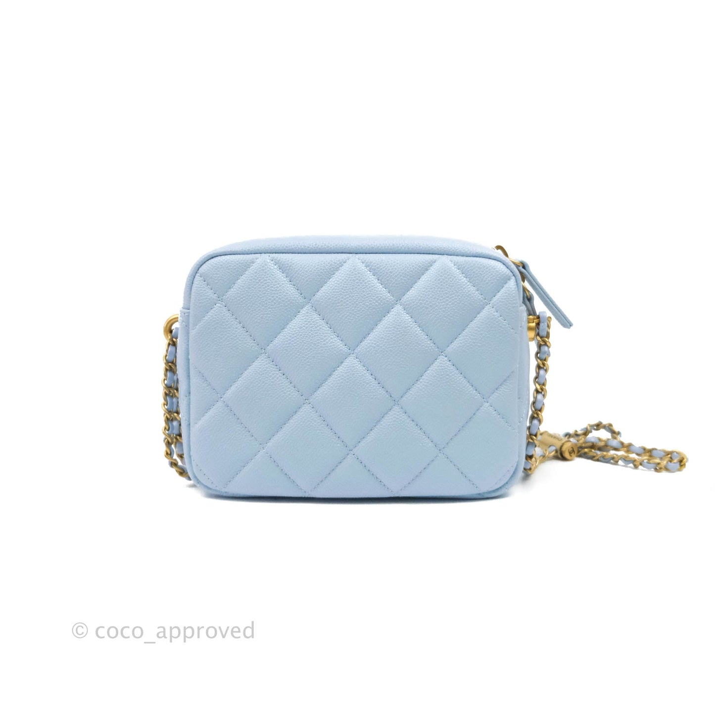 Chanel Quilted My Perfect Camera Case Iridescent Blue Caviar Aged Gold Hardware