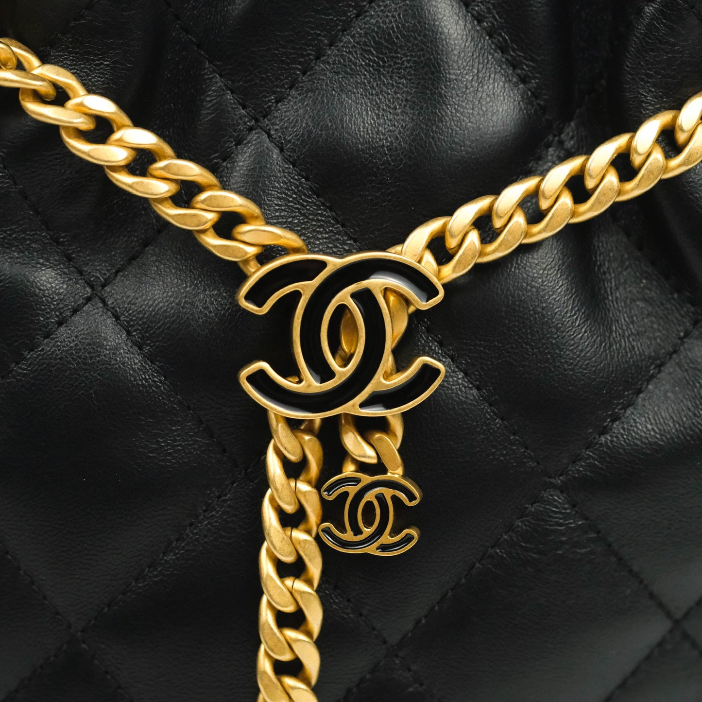 Chanel Enamel CC Bucket Bag Black Lambskin Gold Hardware 22S