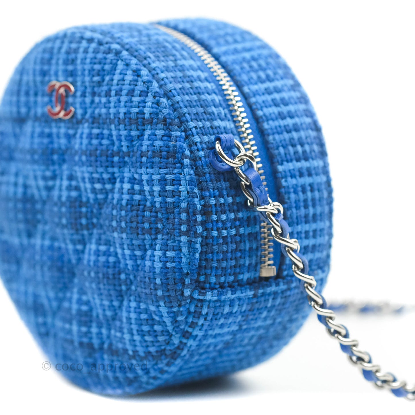 Chanel Quilted Round Clutch With Chain Blue Tweed Silver Hardware