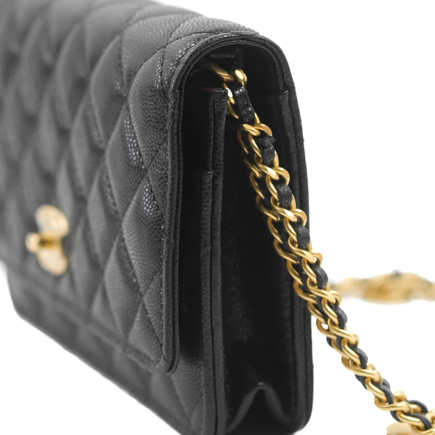 Chanel Quilted Gold CC Coin Wallet on Chain WOC Black Caviar Gold Hardware