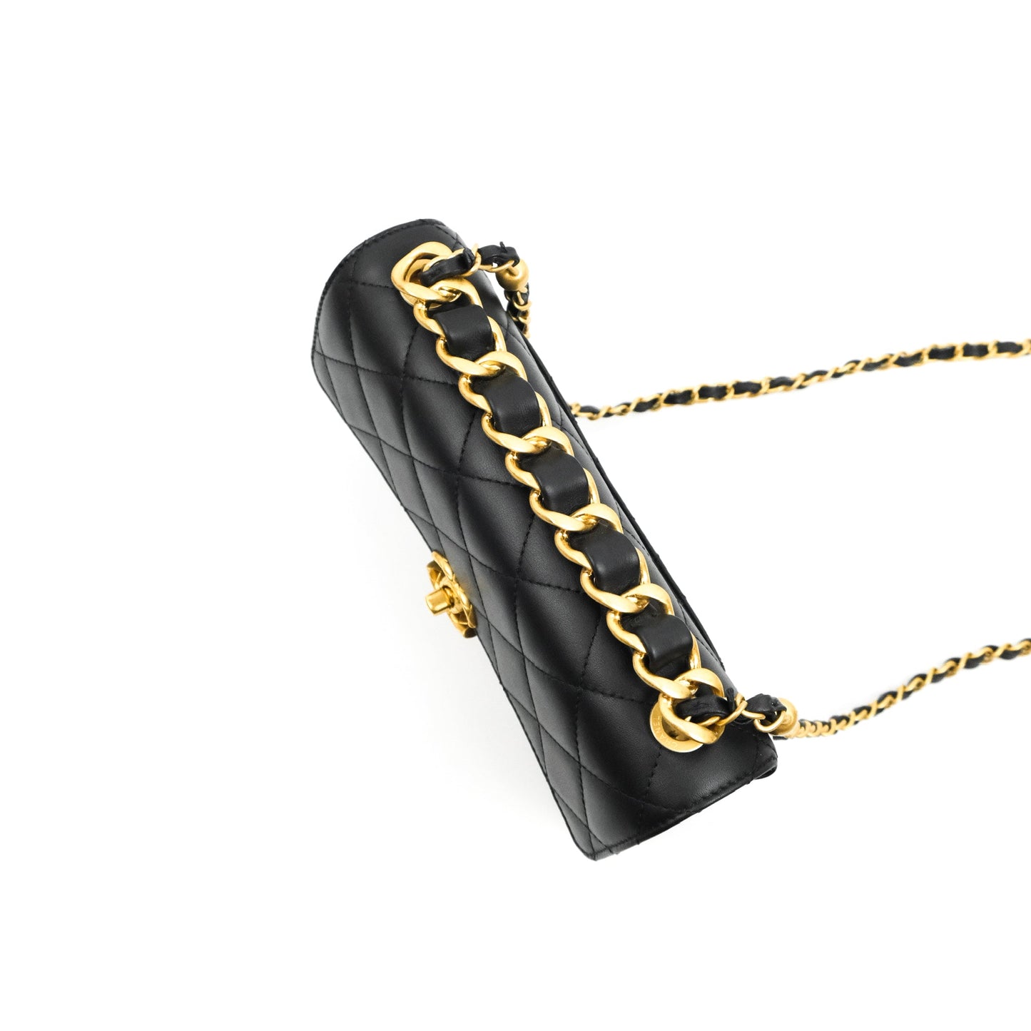 Chanel Small Chain Bar Flap Bag Black Calfskin Aged Gold Hardware