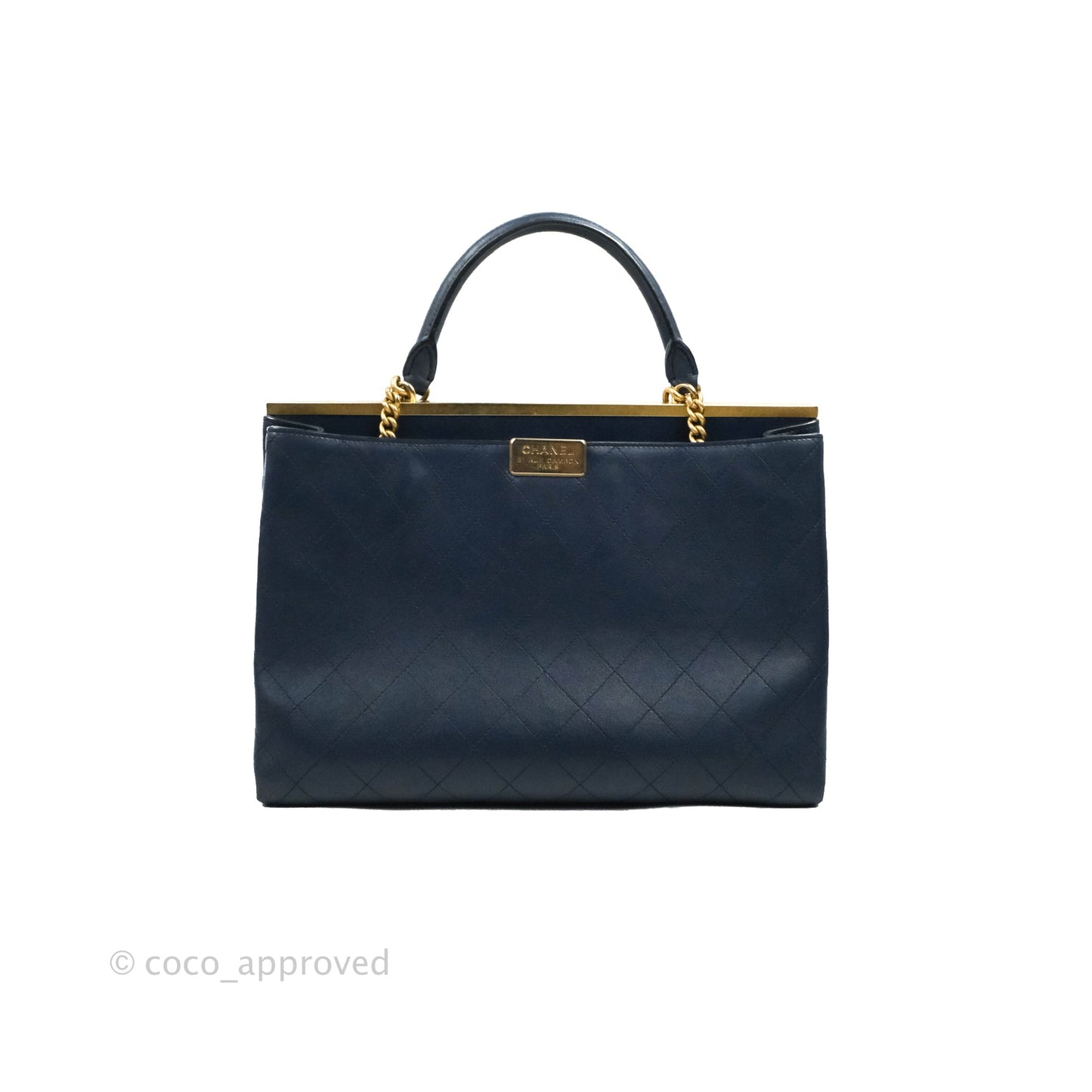 Chanel Flat Quilted Coco Luxe Large Shopping Bag Navy Aged Gold Hardware 18P