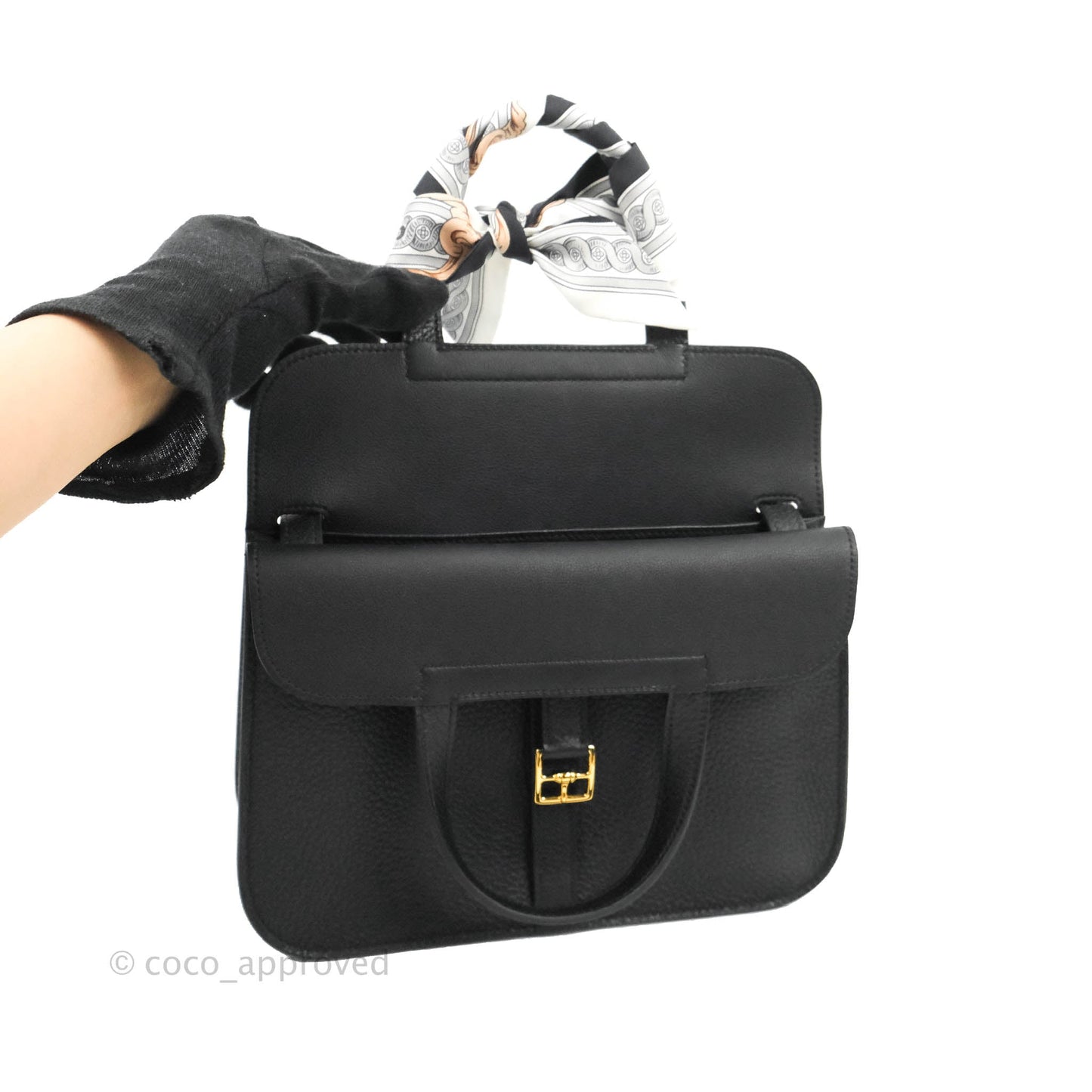 Hermès Halzan 25 Black Gold Hardware With Twilly