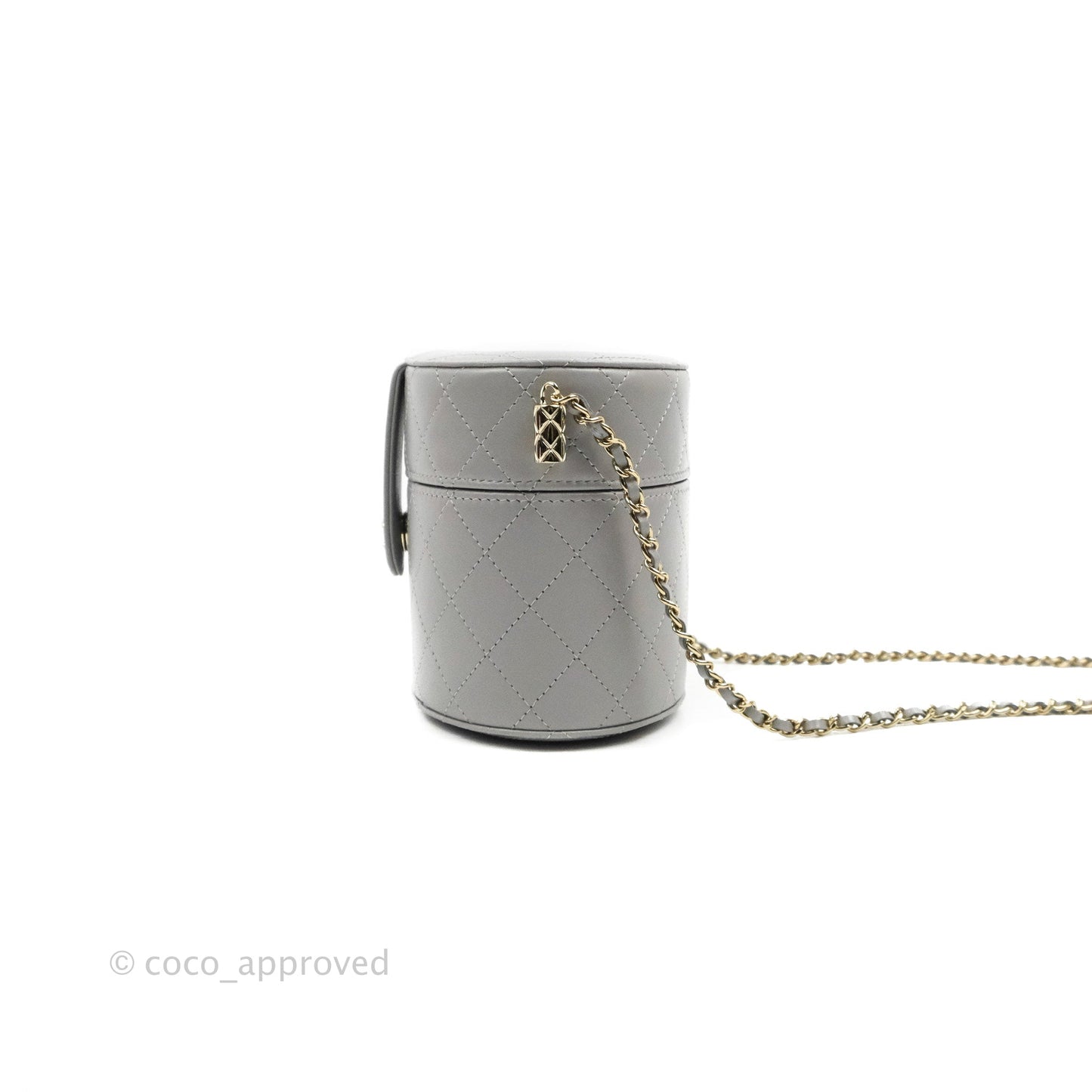 Chanel Quilted Round Vanity Clutch With Chain Grey Lambskin Gold Hardware