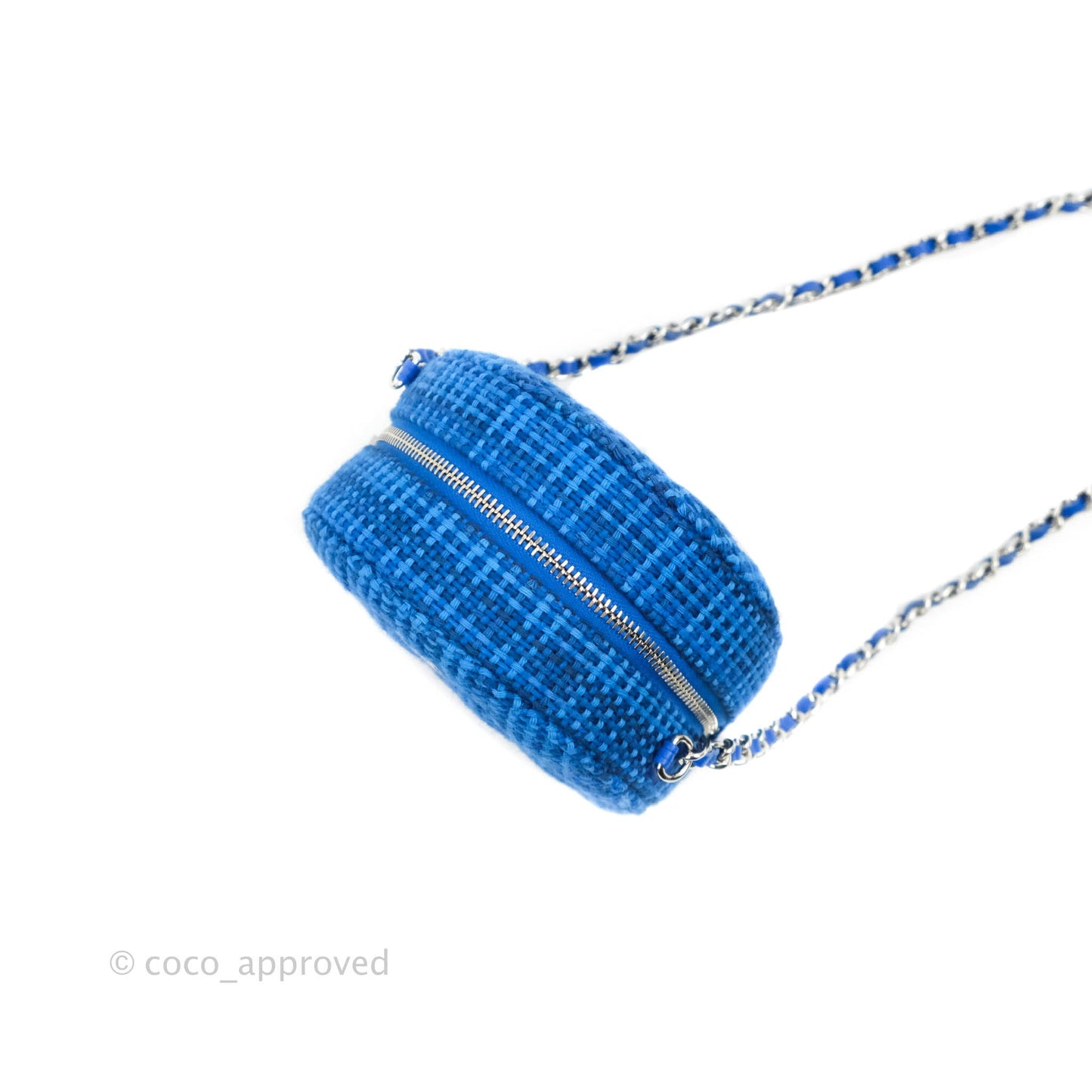 Chanel Quilted Round Clutch With Chain Blue Tweed Silver Hardware