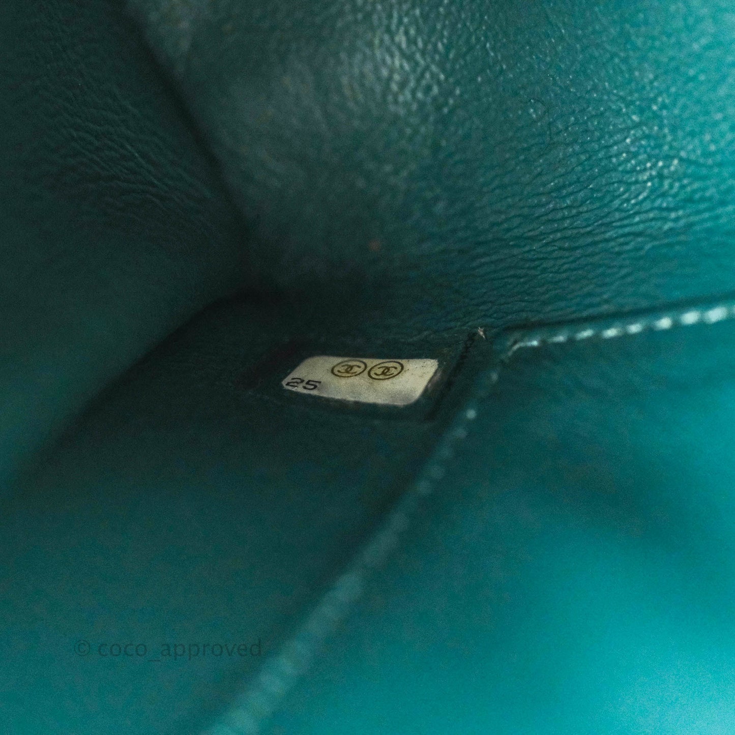Chanel Medium Coco Handle Quilted Teal Caviar Lizard Handle Aged Gold Hardware