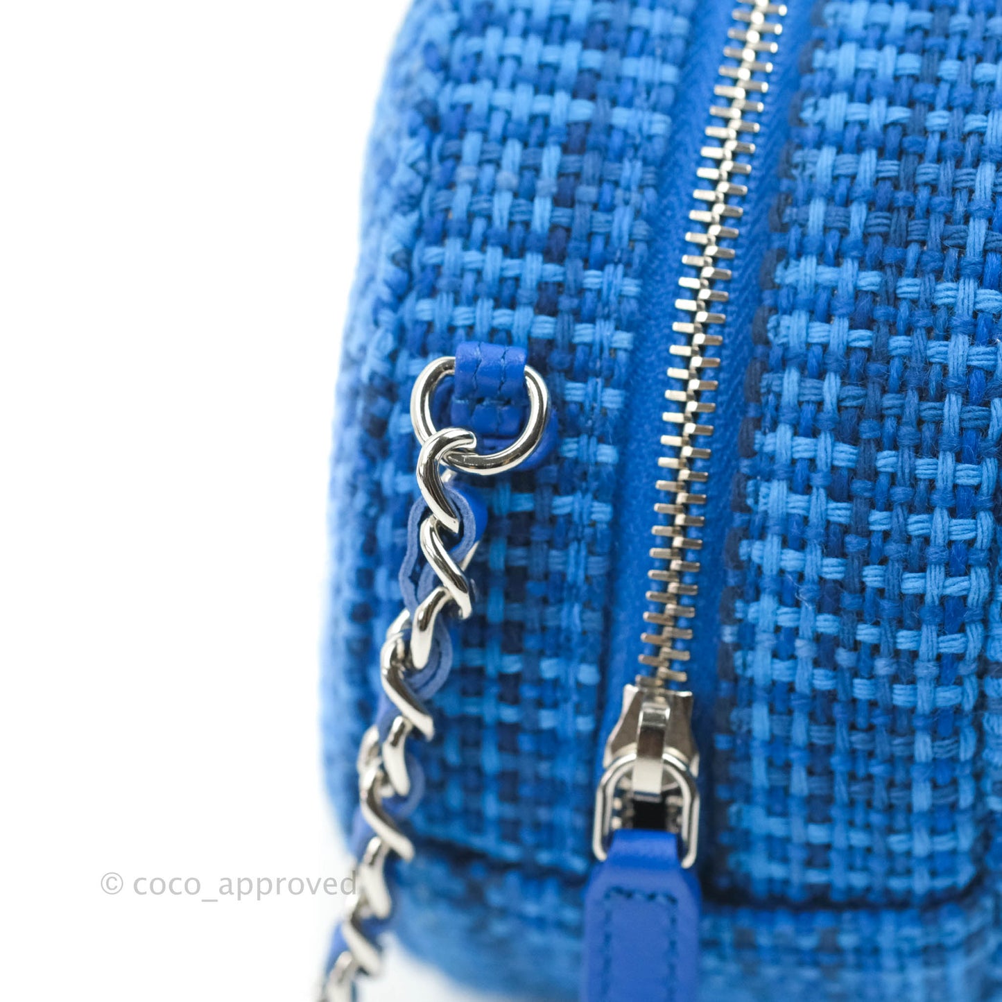 Chanel Quilted Round Clutch With Chain Blue Tweed Silver Hardware
