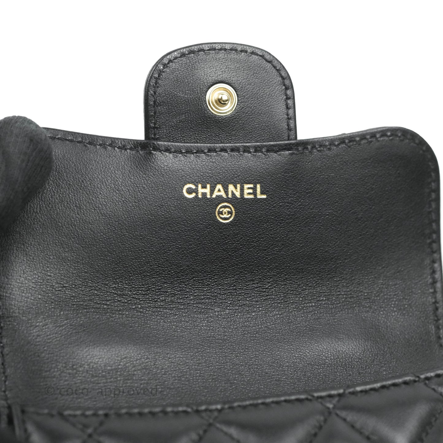 Chanel Flap Coin Purse With Chain Black Lambskin Aged Gold Hardware