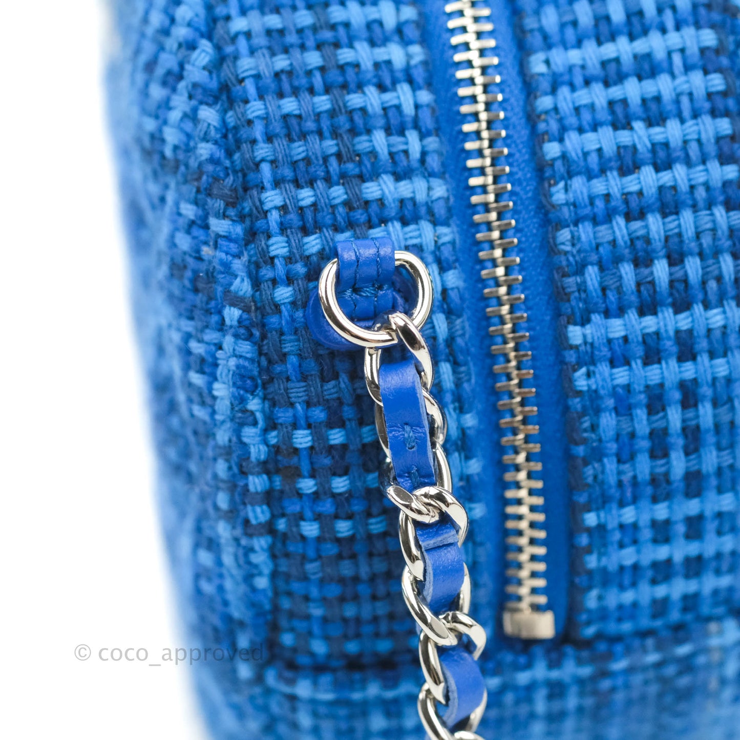 Chanel Quilted Round Clutch With Chain Blue Tweed Silver Hardware