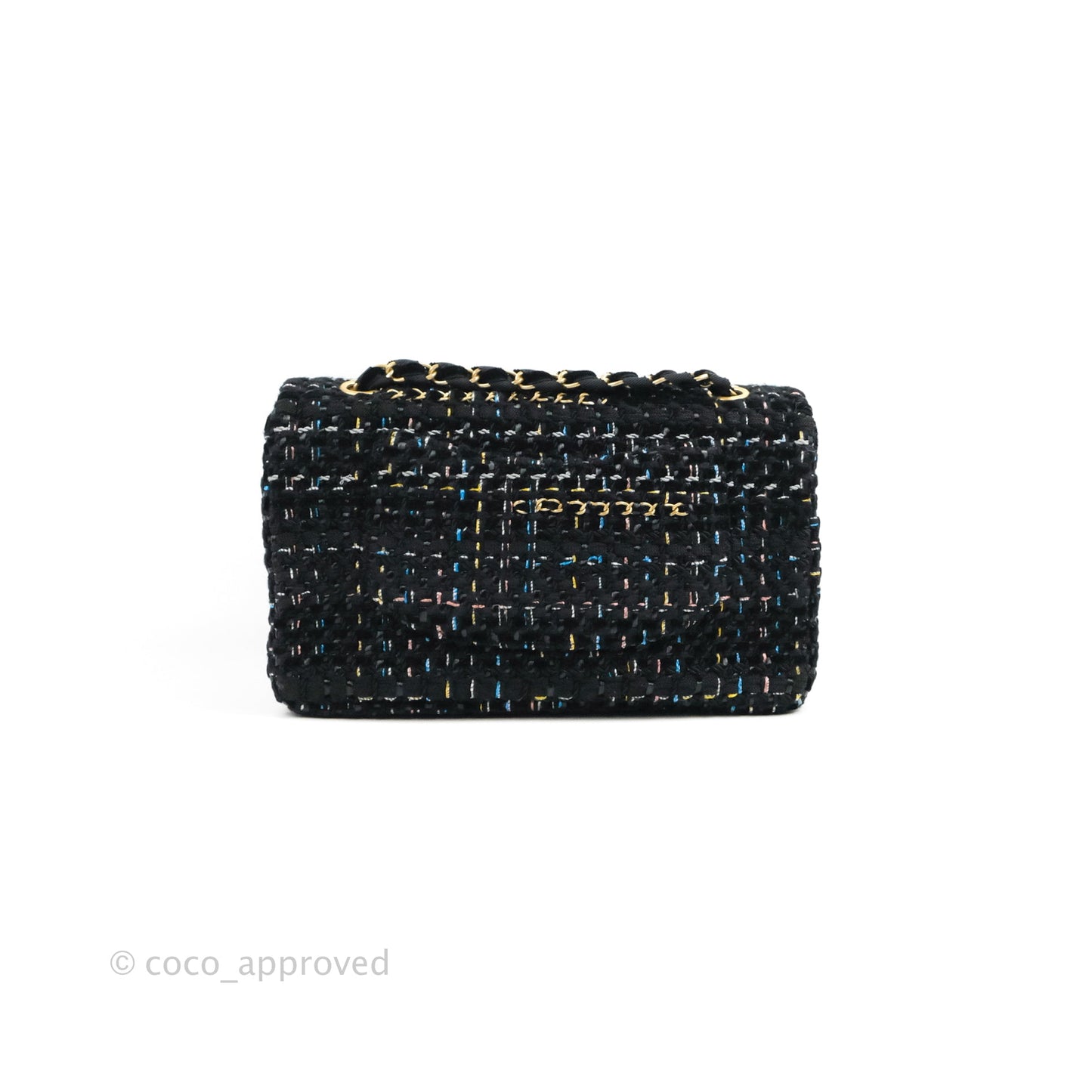 Chanel Medium Single Flap Black Tweed Chain Braid Aged Gold Hardware