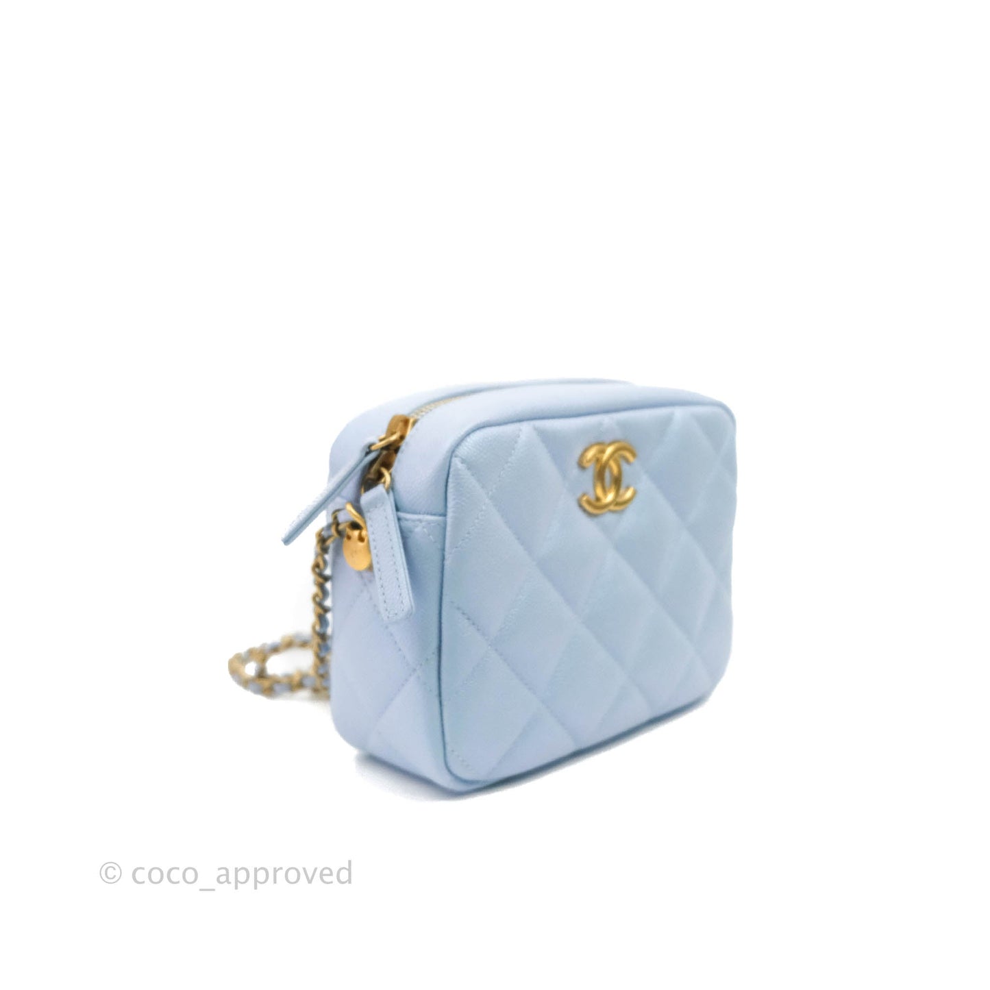 Chanel Quilted My Perfect Camera Case Iridescent Blue Caviar Aged Gold Hardware