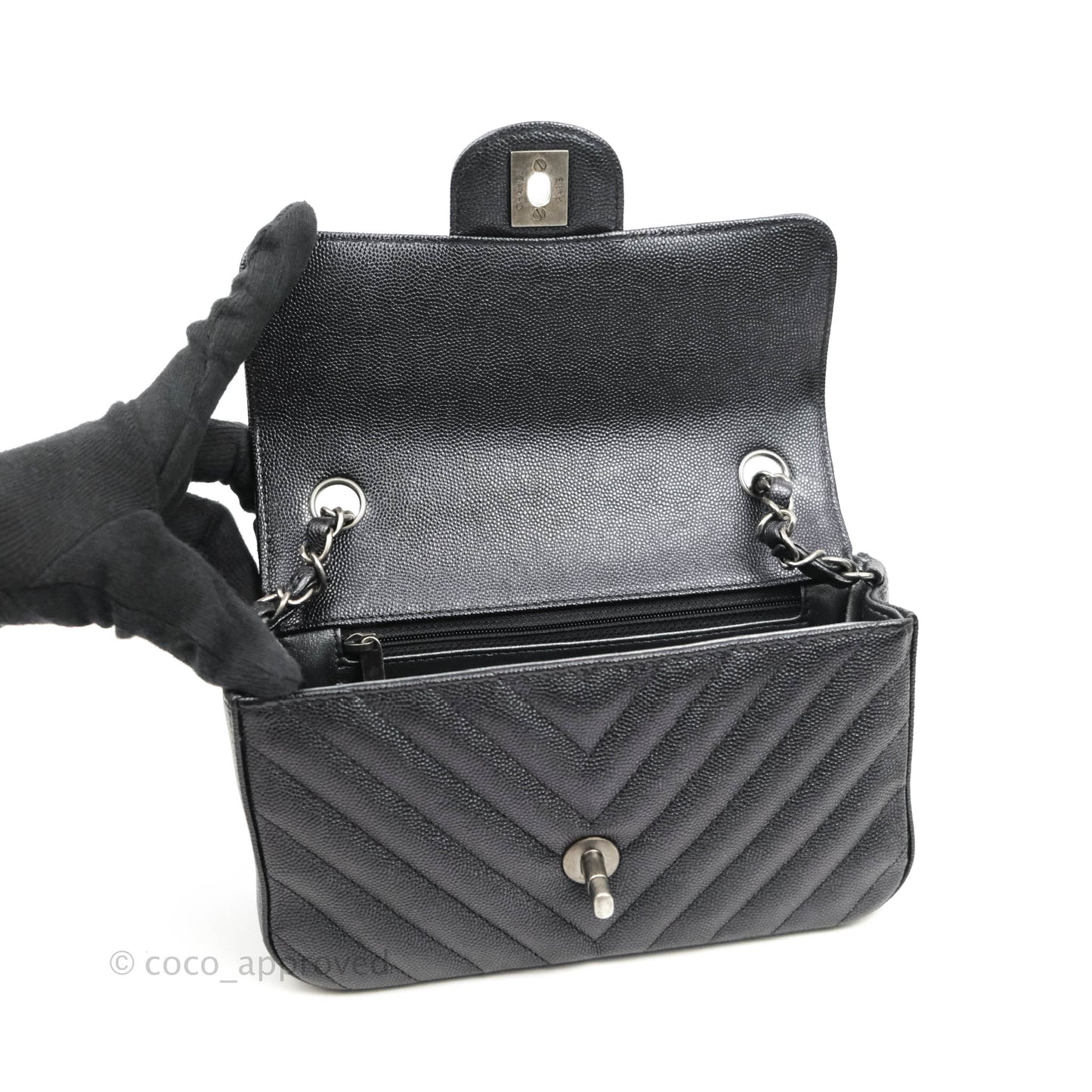 Chanel Chevron Mini Rectangular Flap Iridescent Black Caviar Ruthenium Hardware 17B