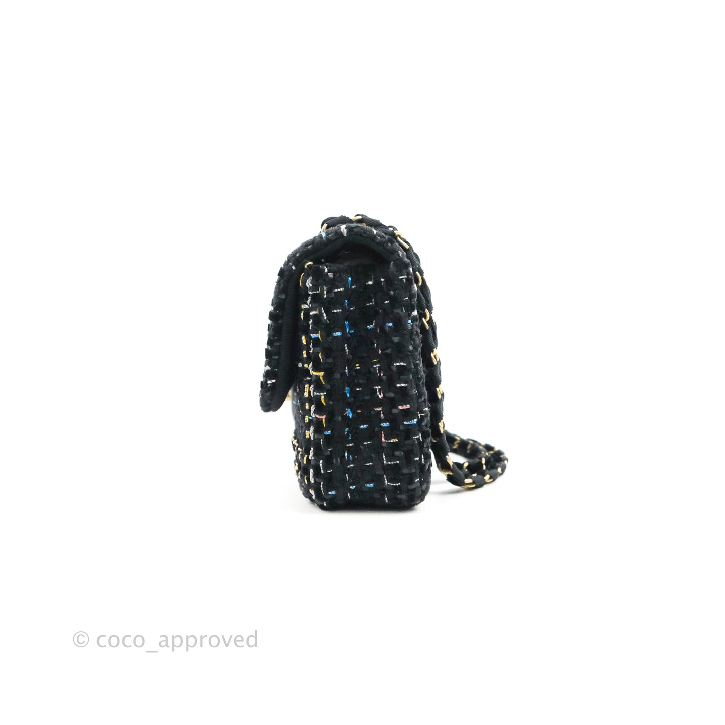 Chanel Medium Single Flap Black Tweed Chain Braid Aged Gold Hardware