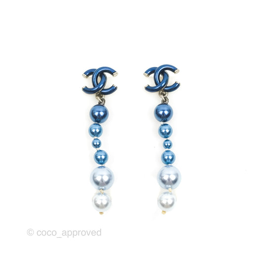 Chanel CC Blue Pearl Drop Earrings Silver Tone 18S