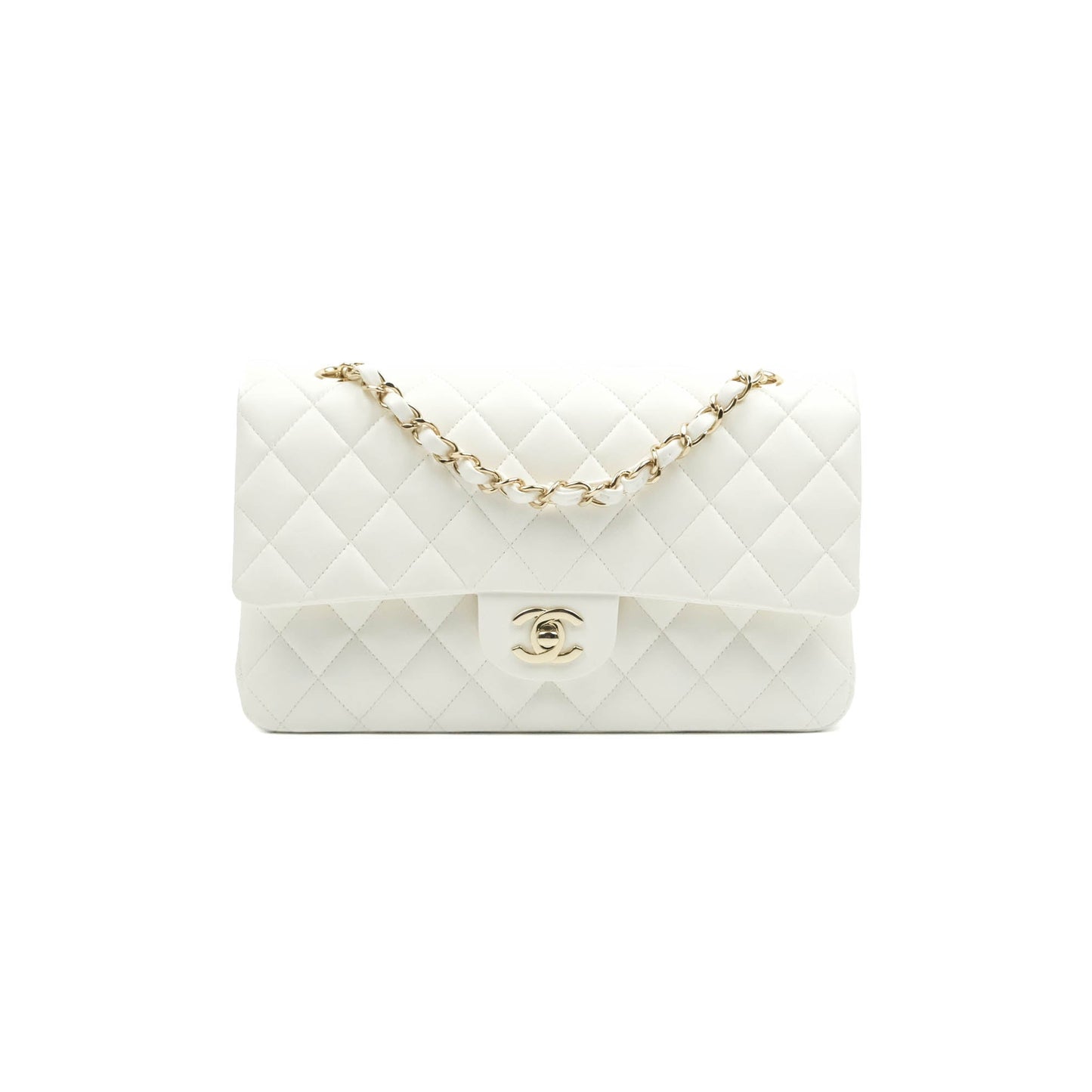 Chanel Quilted M/L Medium Double Flap White Lambskin Gold Hardware 21S