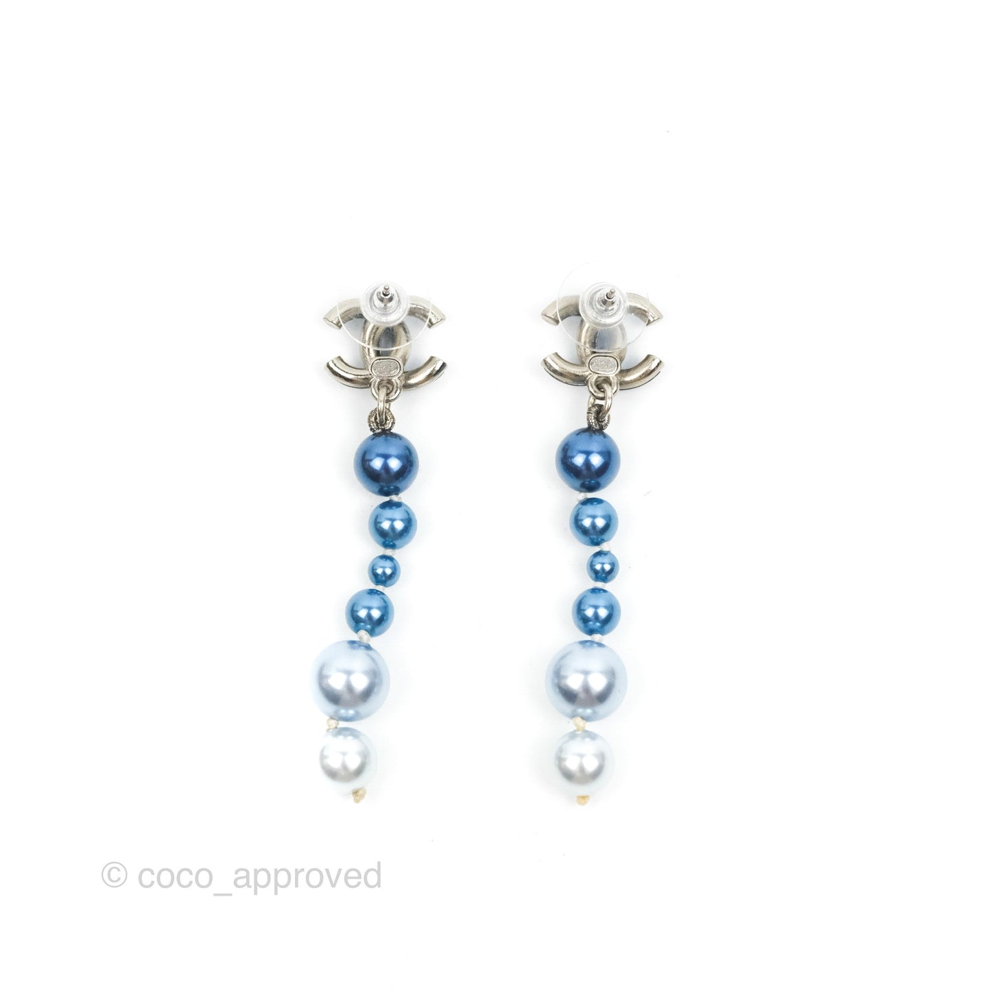 Chanel CC Blue Pearl Drop Earrings Silver Tone 18S