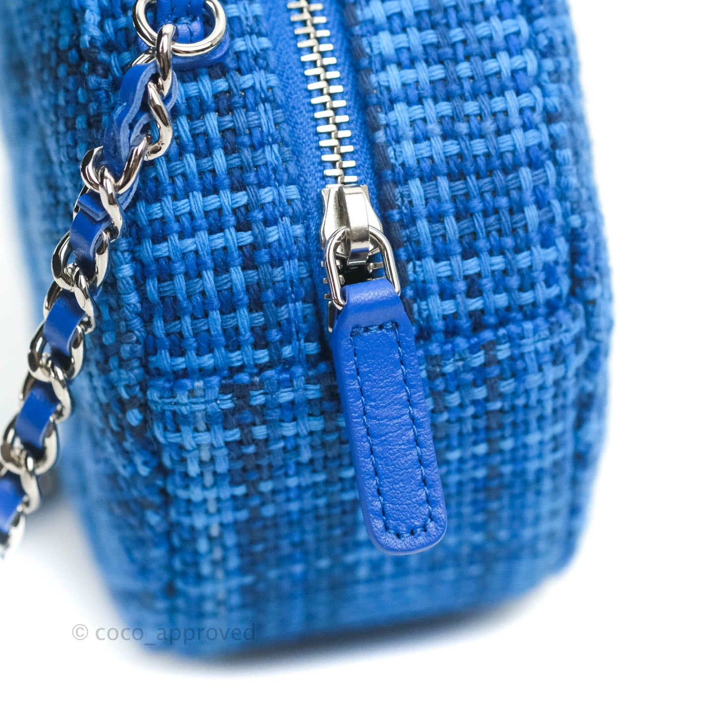 Chanel Quilted Round Clutch With Chain Blue Tweed Silver Hardware