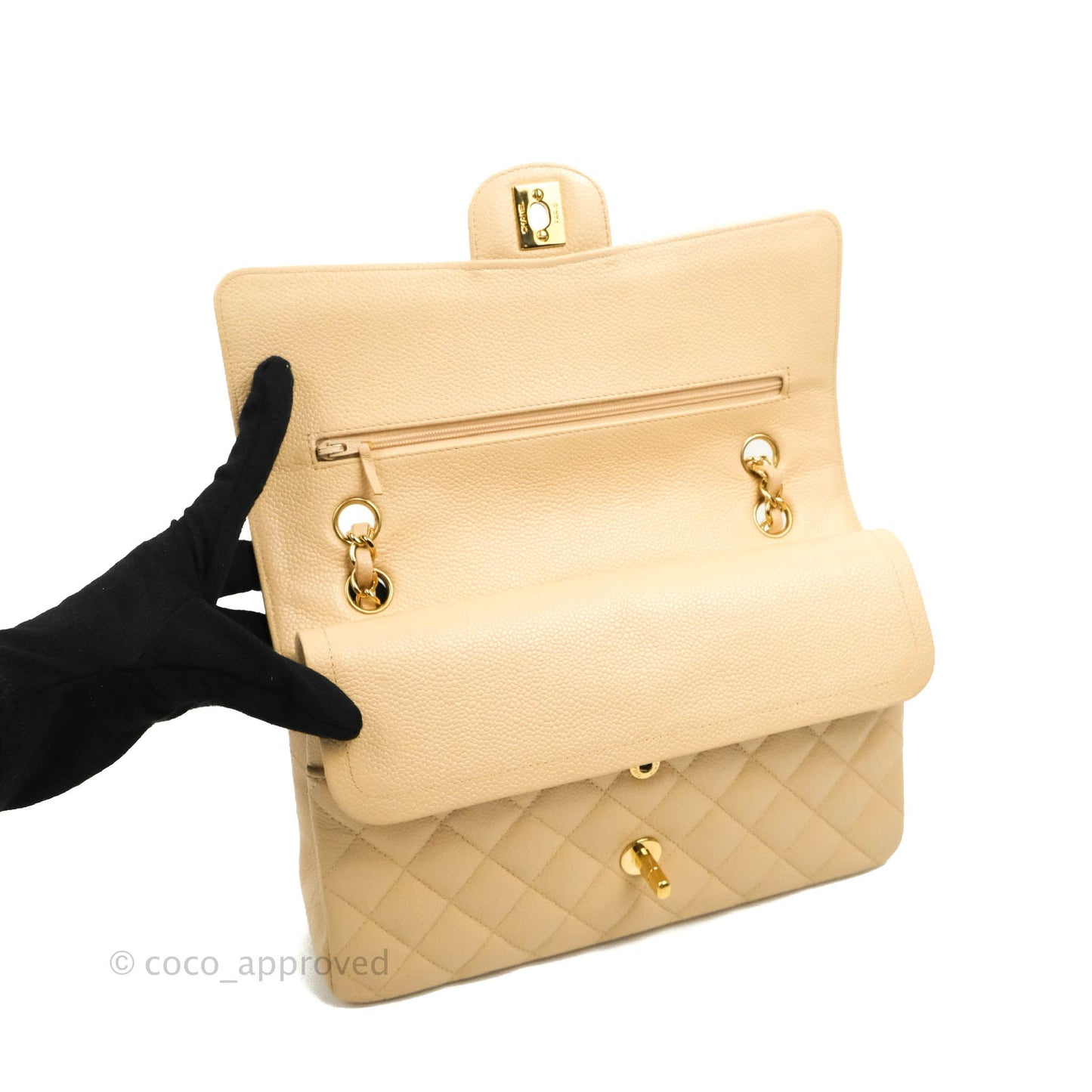 Chanel Classic M/L Medium Flap Quilted Beige Caviar Gold Hardware