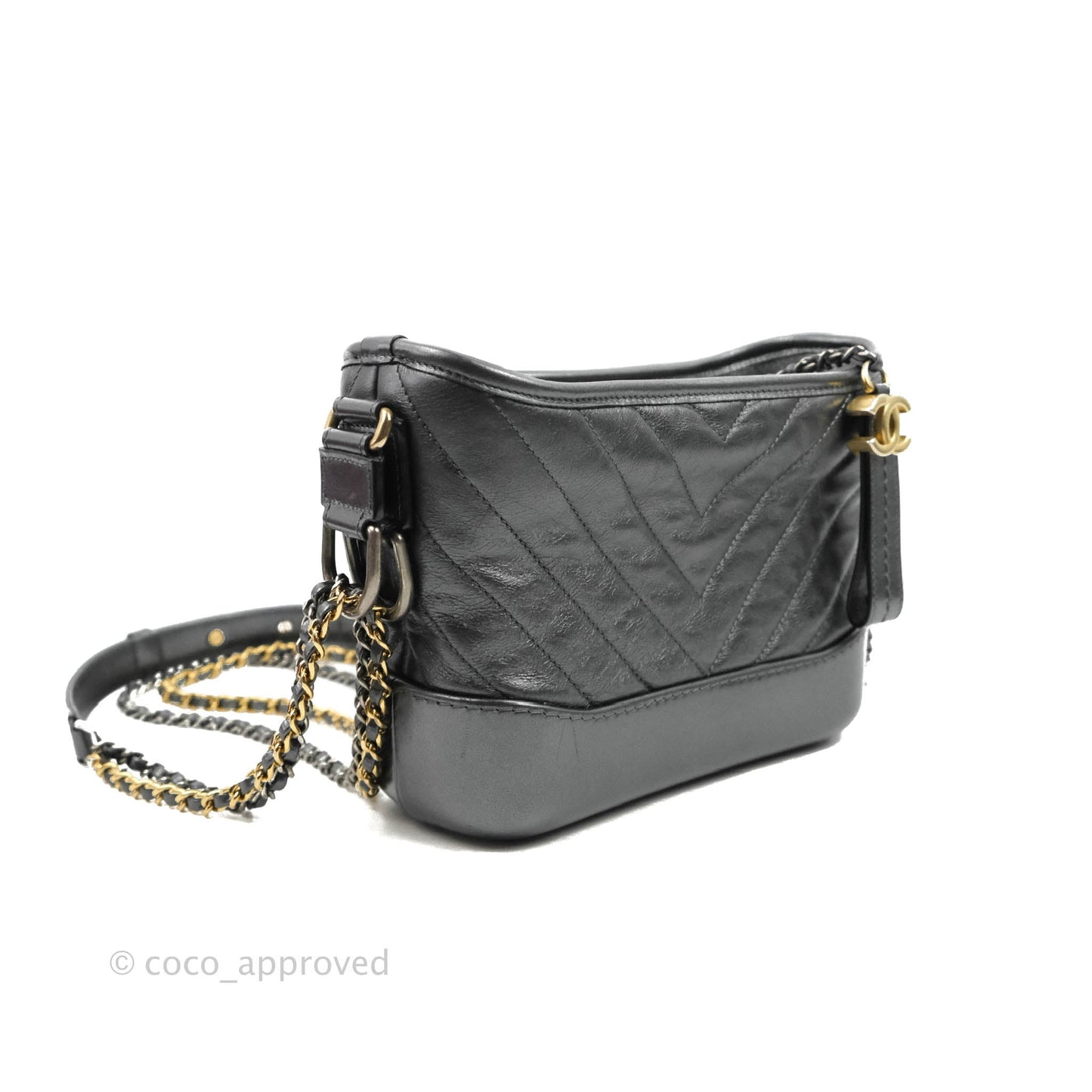 Chanel Chevron Small Gabrielle Hobo Iridescent Dark Grey Calfskin Mixed Hardware
