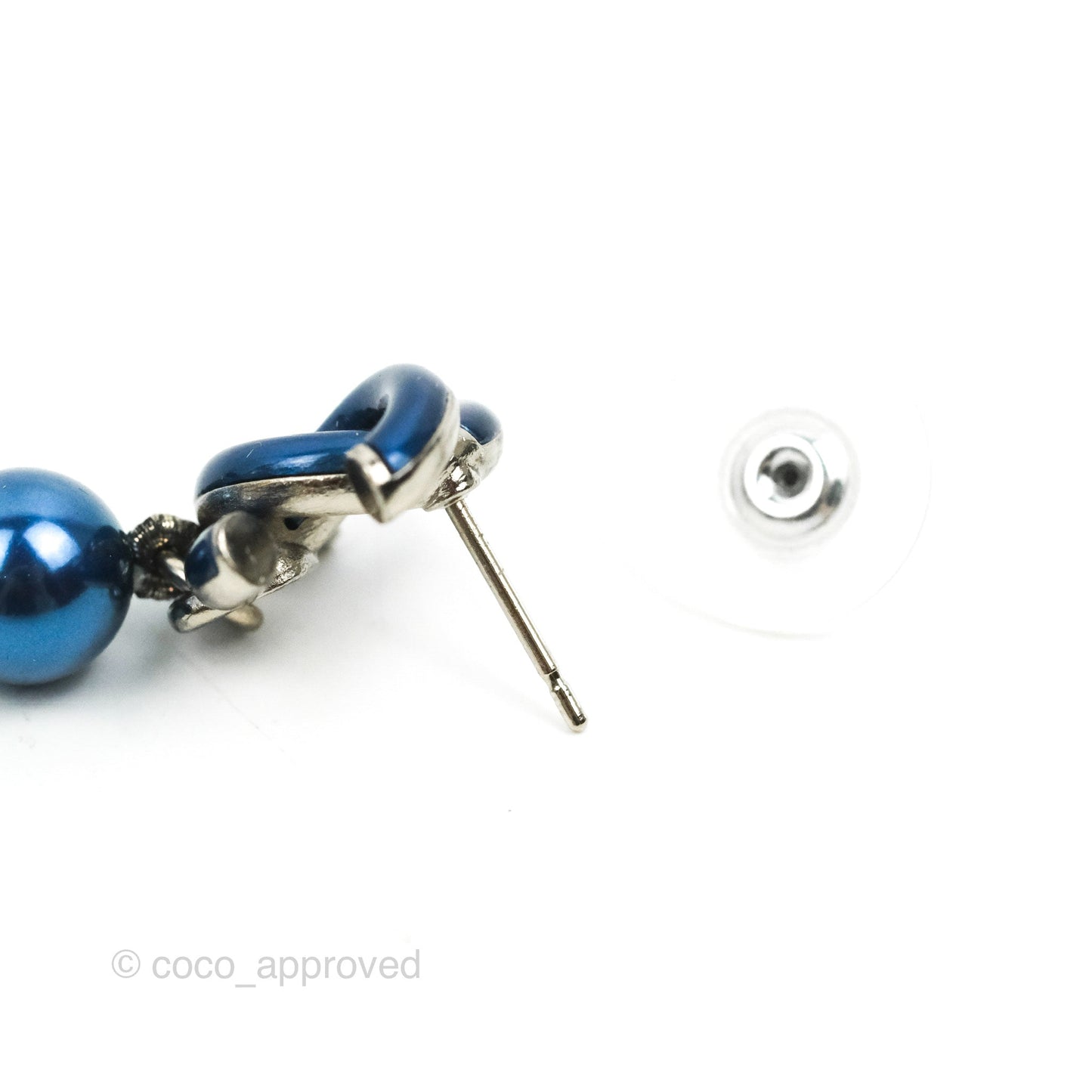 Chanel CC Blue Pearl Drop Earrings Silver Tone 18S