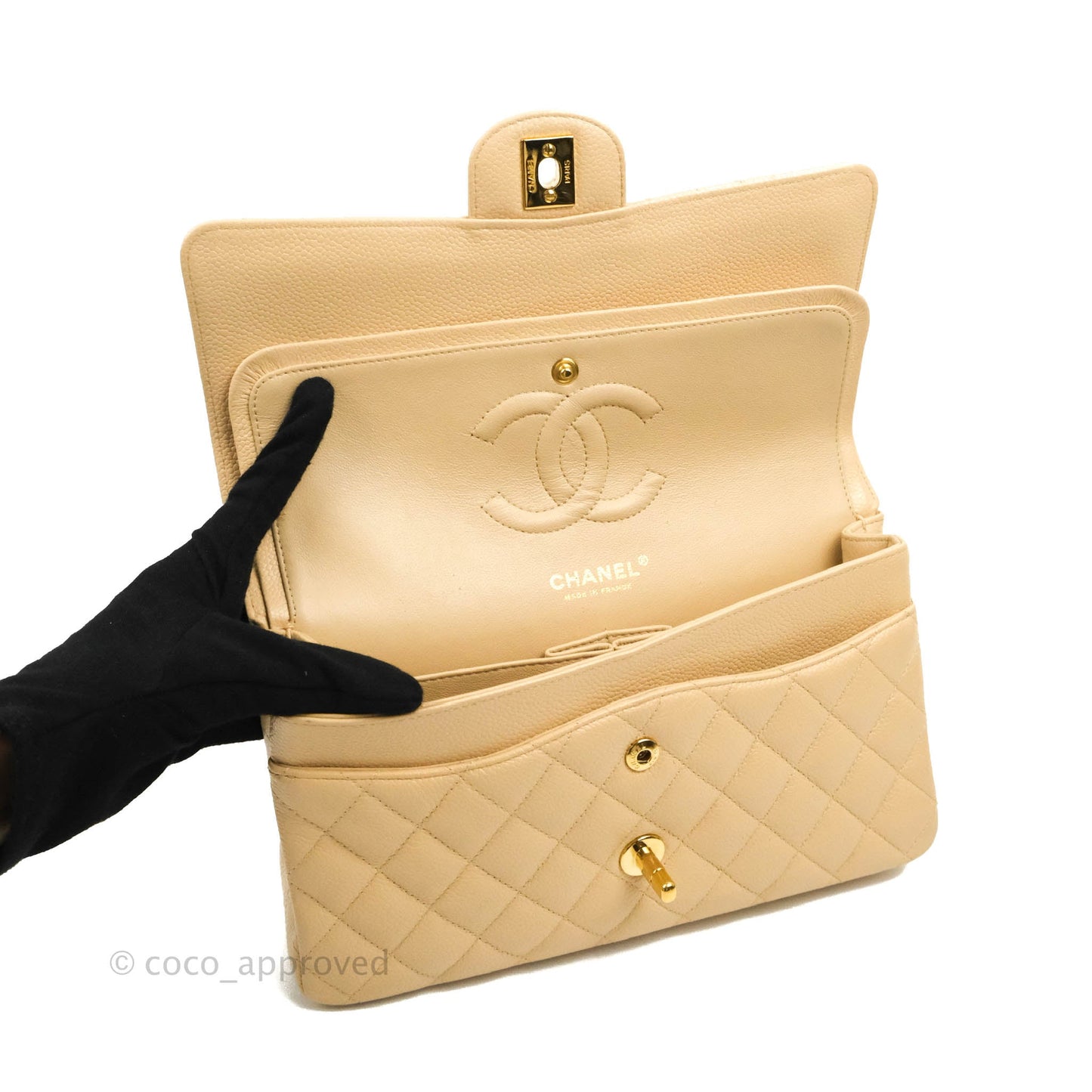 Chanel Classic M/L Medium Flap Quilted Beige Caviar Gold Hardware