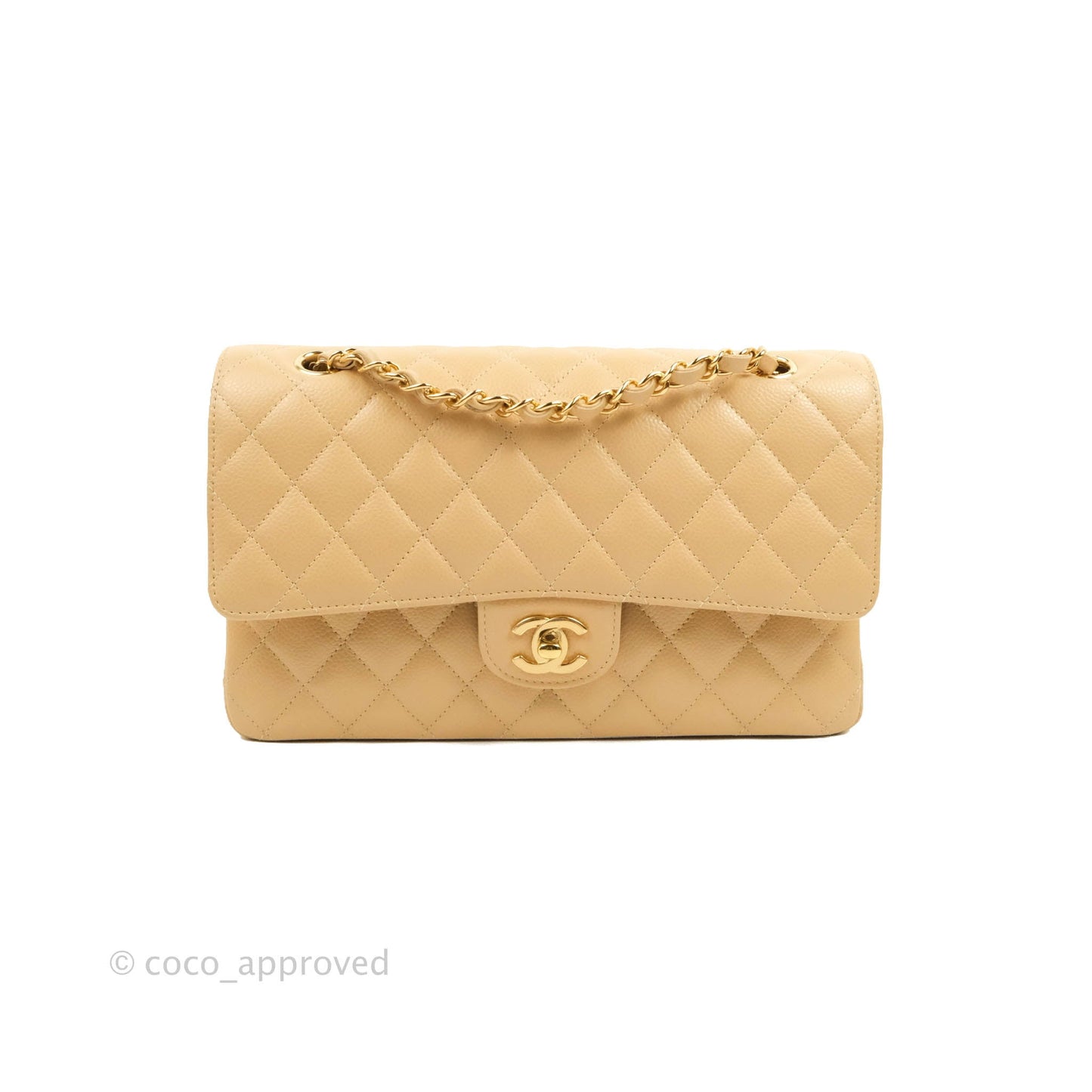 Chanel Classic M/L Medium Flap Quilted Beige Caviar Gold Hardware