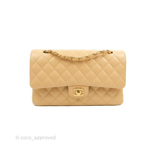 Chanel Classic M/L Medium Flap Quilted Beige Caviar Gold Hardware