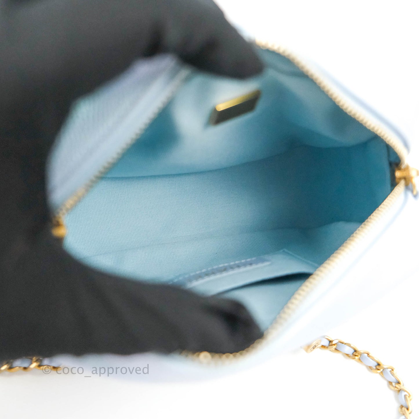 Chanel Quilted My Perfect Camera Case Iridescent Blue Caviar Aged Gold Hardware