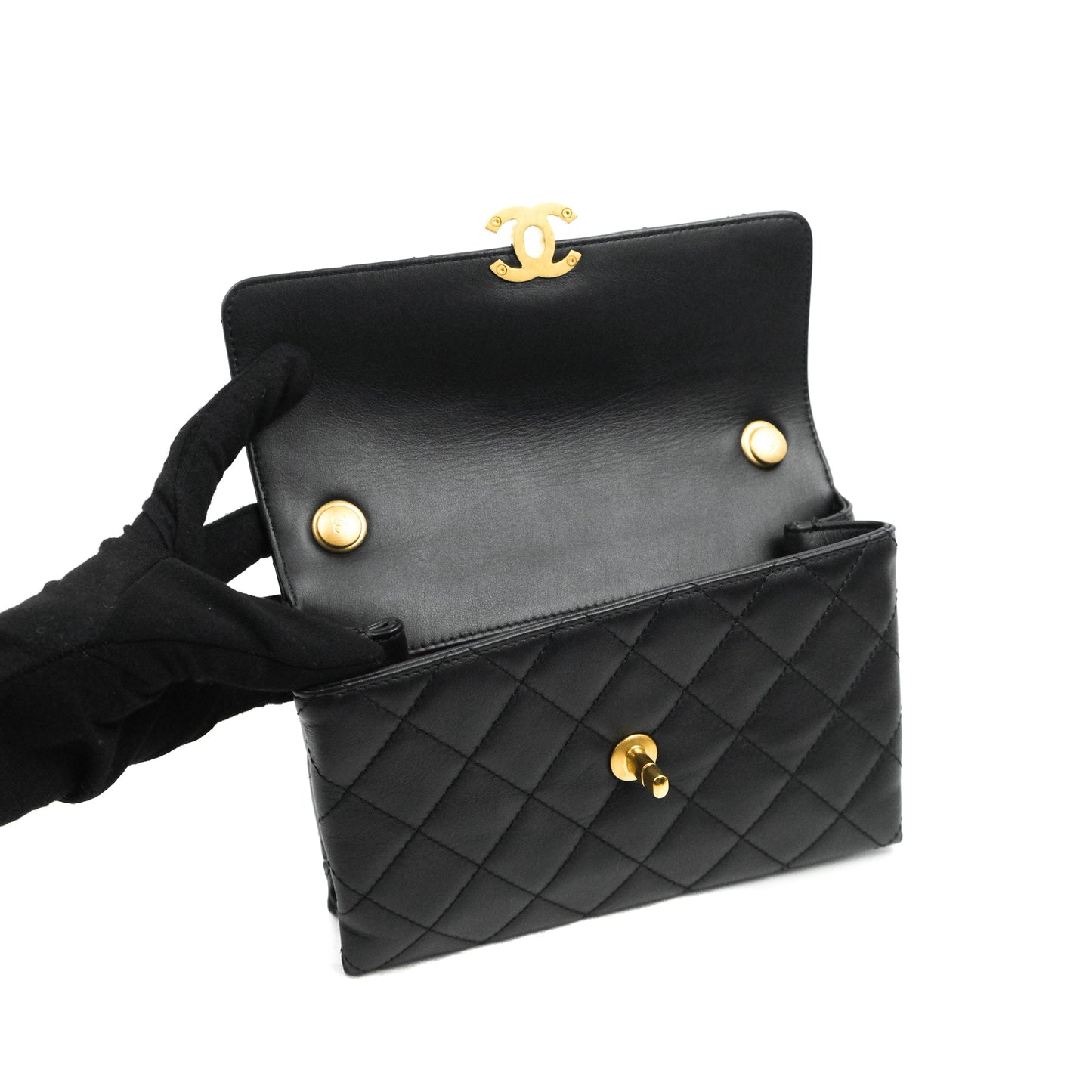 Chanel Small Chain Bar Flap Bag Black Calfskin Aged Gold Hardware