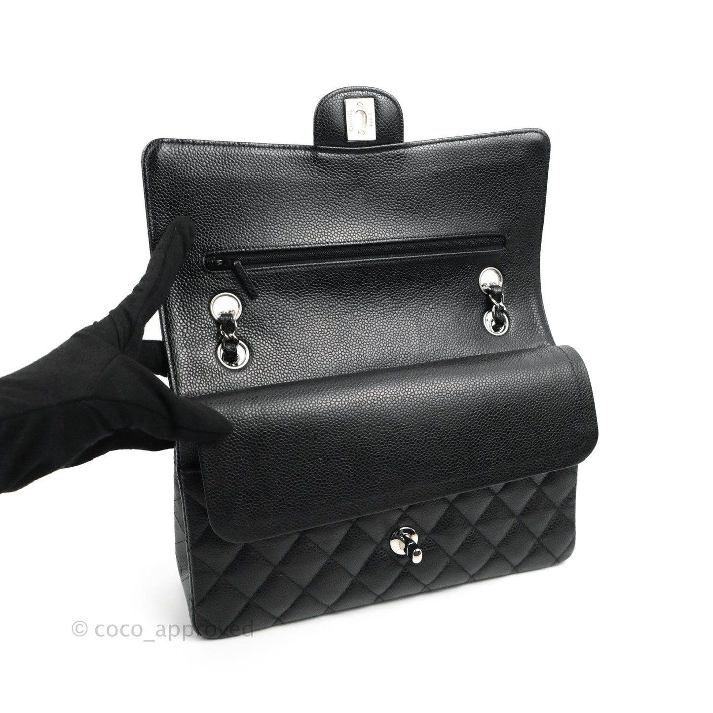 Chanel Classic M/L Medium Flap Quilted Black Caviar Silver Hardware