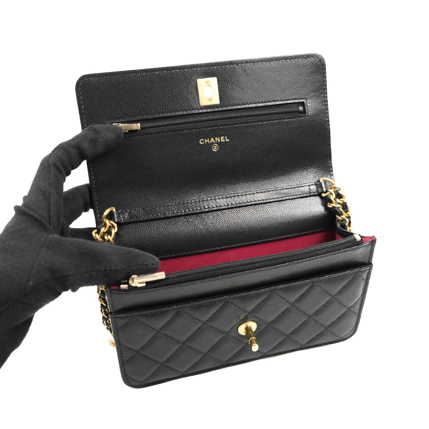 Chanel Quilted Gold CC Coin Wallet on Chain WOC Black Caviar Gold Hardware