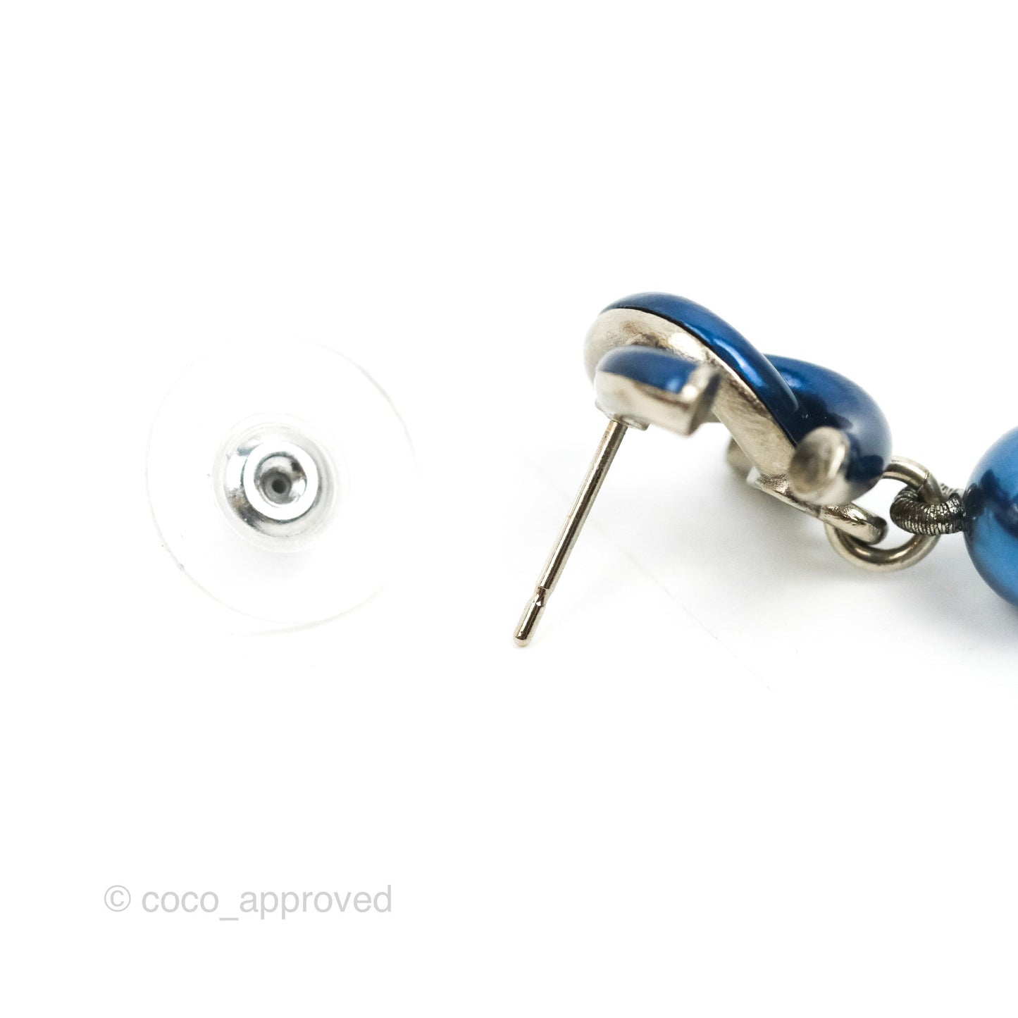 Chanel CC Blue Pearl Drop Earrings Silver Tone 18S