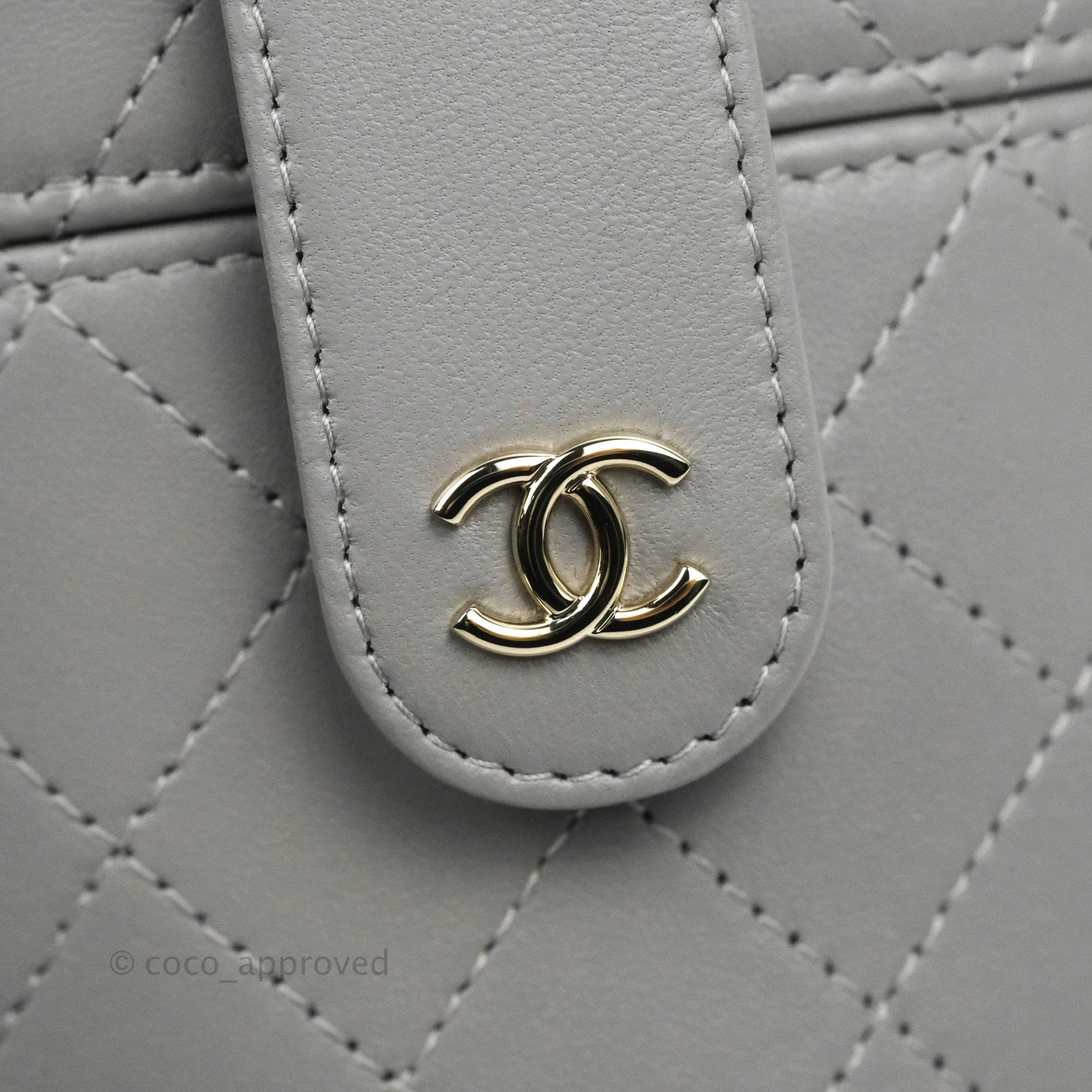 Chanel Quilted Round Vanity Clutch With Chain Grey Lambskin Gold Hardware