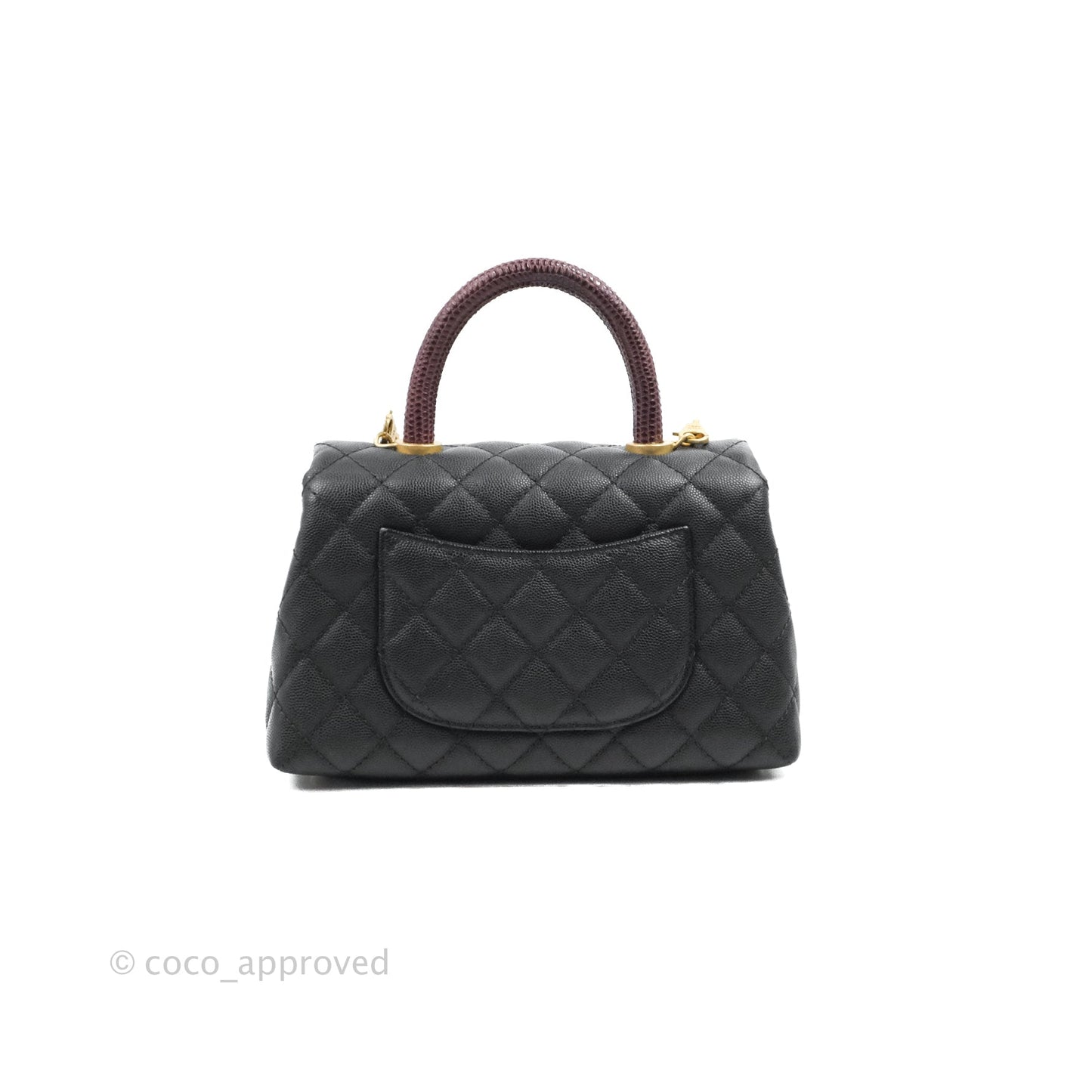 Chanel Small Coco Handle Quilted Black Caviar Aged Gold Hardware Lizard Handle