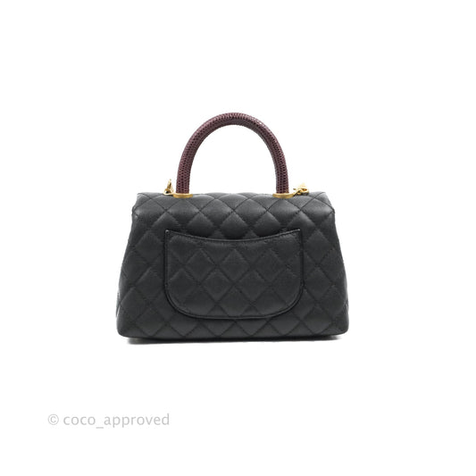 Chanel Small Coco Handle Quilted Black Caviar Aged Gold Hardware Lizard Handle