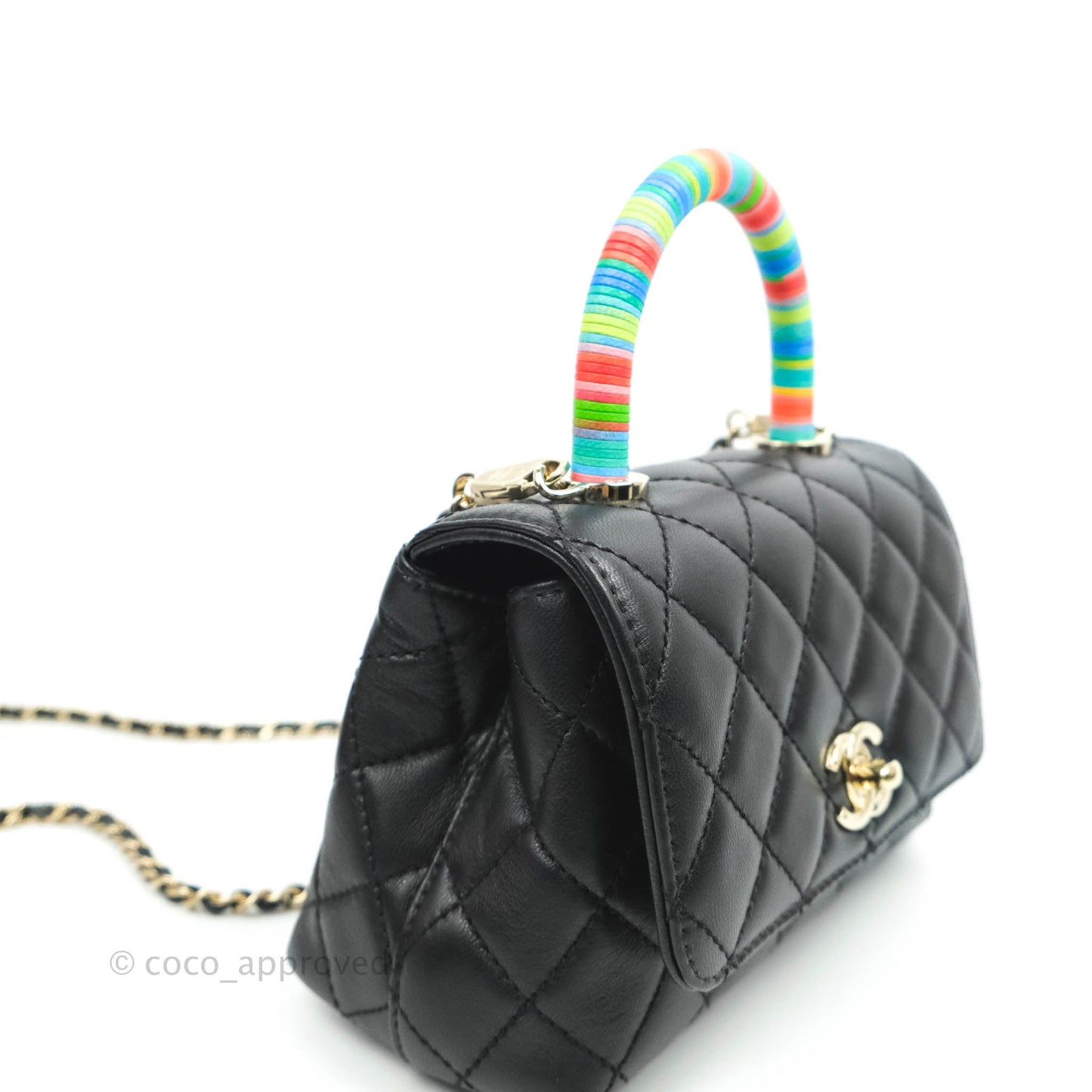 Chanel Quilted Mini Rainbow Coco Handle Bag Lambskin Black Gold Hardware