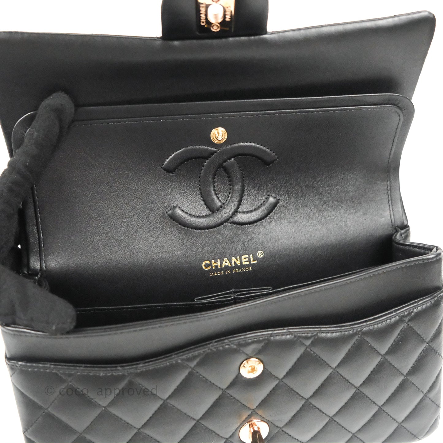 Chanel Classic M/L Medium Flap Black Lambskin Rose Pink-Gold Hardware