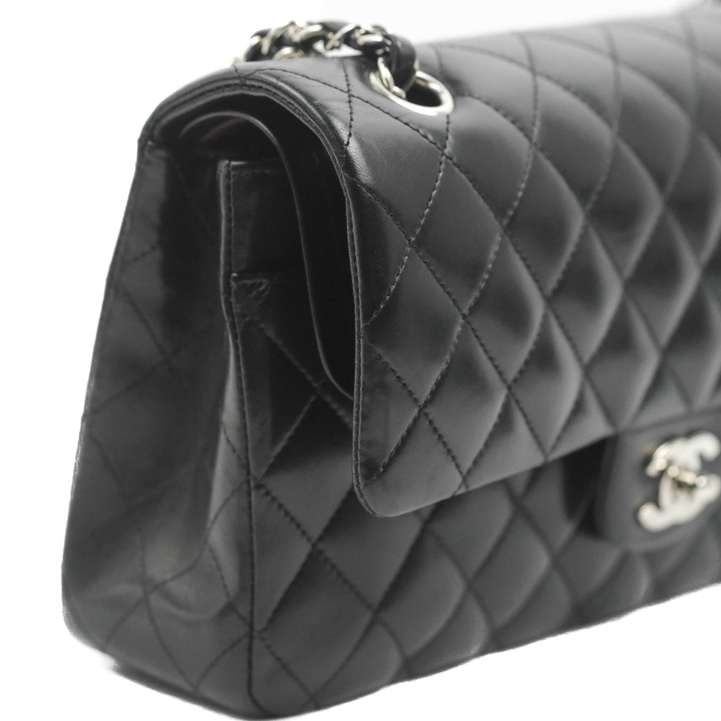 Chanel Classic M/L Medium Flap Quilted Black Lambskin Silver Hardware