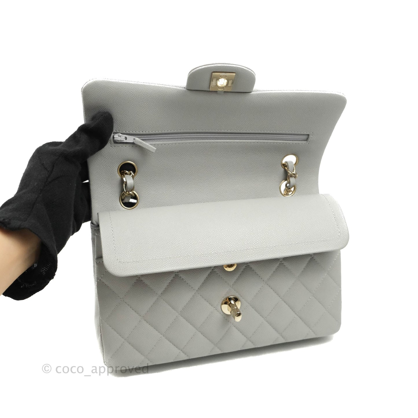 Chanel Small Classic Quilted Flap Grey Caviar Gold Hardware 21A