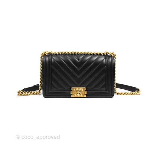 Chanel Chevron Medium Boy Black Calfskin Aged Gold Hardware