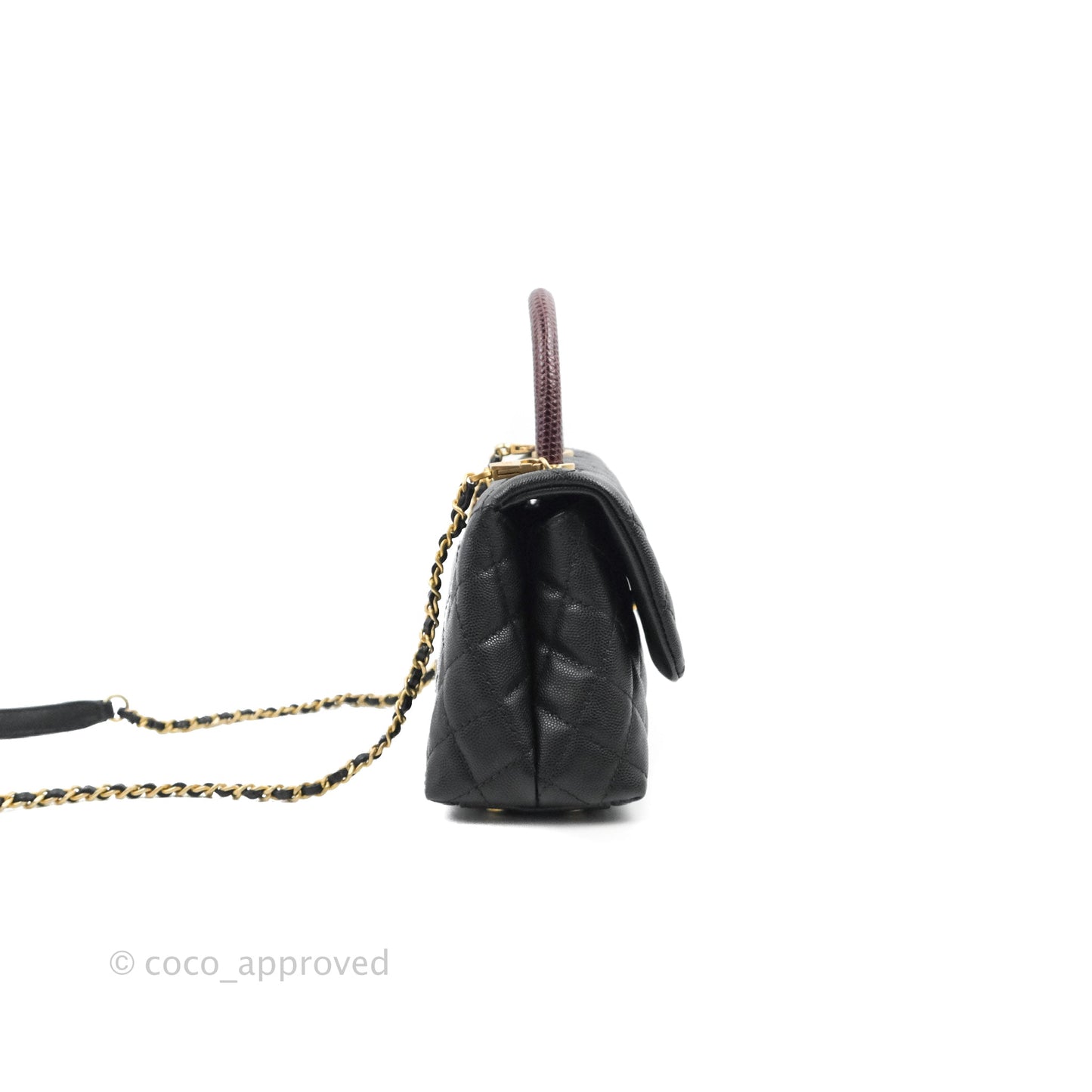 Chanel Small Coco Handle Quilted Black Caviar Aged Gold Hardware Lizard Handle