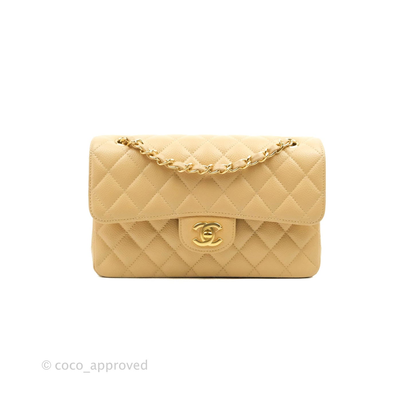 Chanel Small Classic Quilted Flap Beige Caviar Gold Hardware