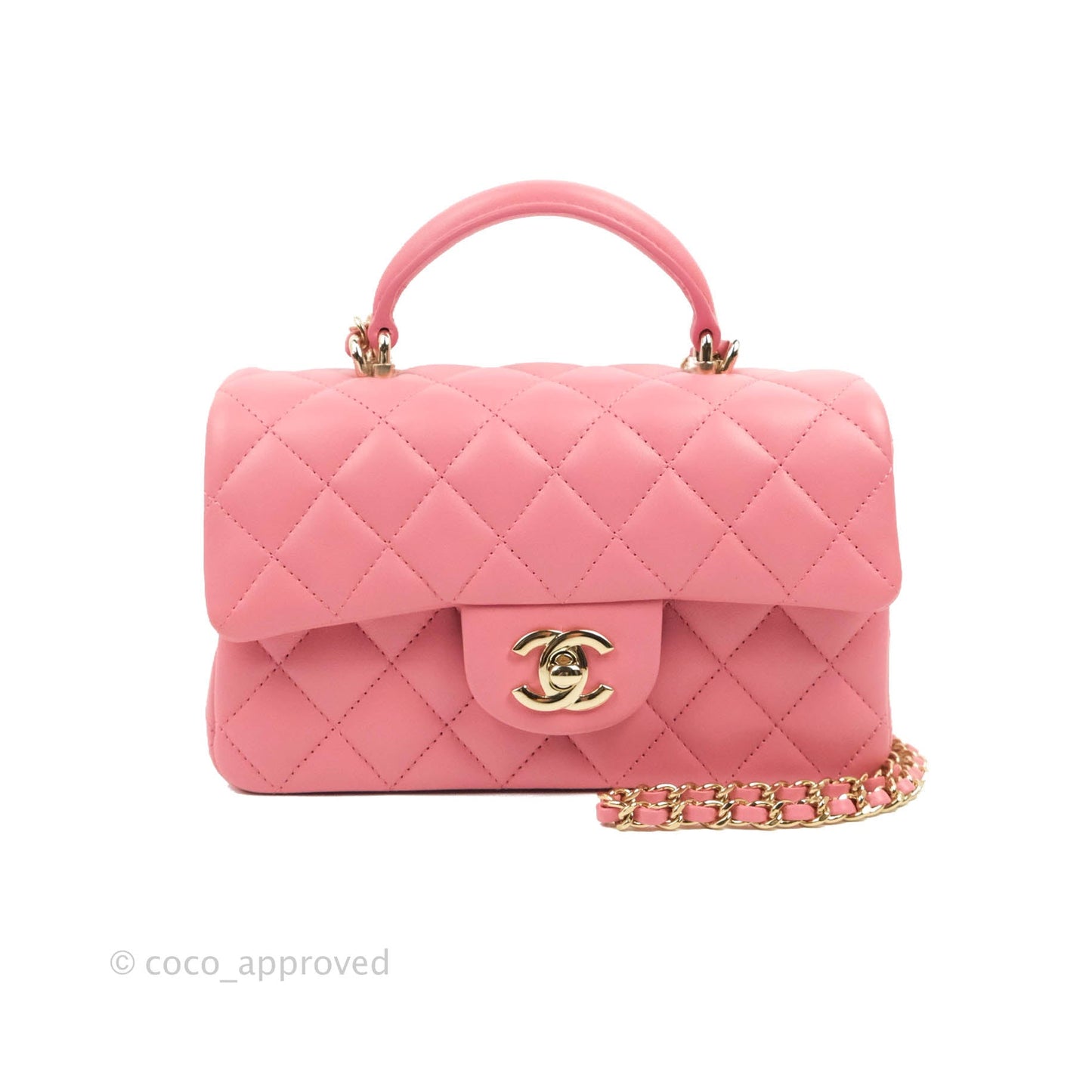 Chanel Top Handle Mini Rectangular Flap Bag Rosy Pink Lambskin Gold Hardware
