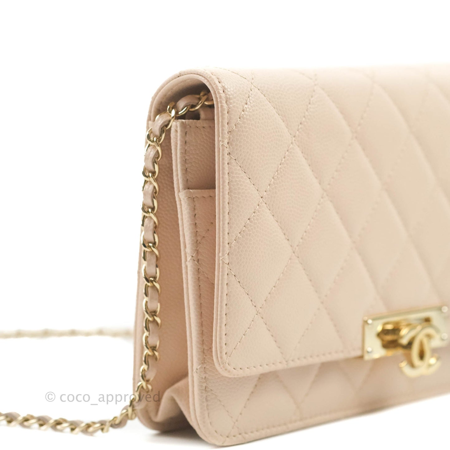 Chanel Quilted Golden Class Wallet on Chain WOC Light Beige Caviar Gold Hardware