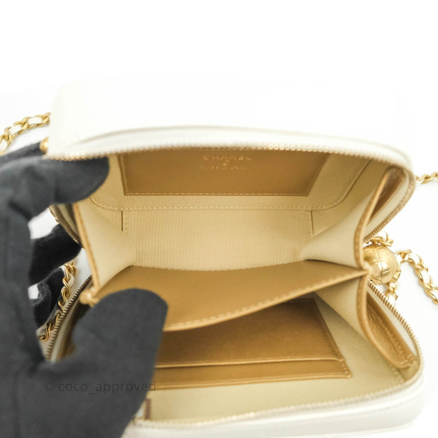 Chanel Mini Pearl Crush Quilted Camera Case White Lambskin Aged Gold Hardware