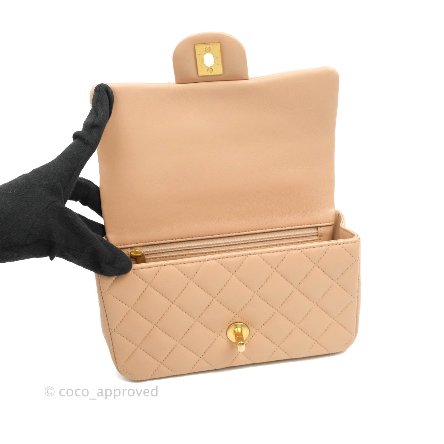Chanel Top Handle Mini Rectangular Flap Bag Beige Lambskin Aged Gold Hardware